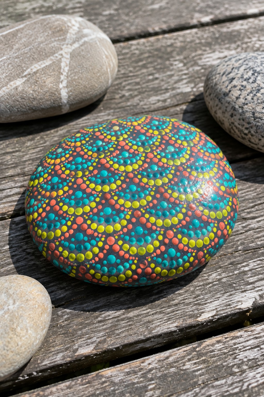 A dark rounded stone painted with colorful polka dots in a radial pattern sits on a wooden surface among other unpainted rocks.
