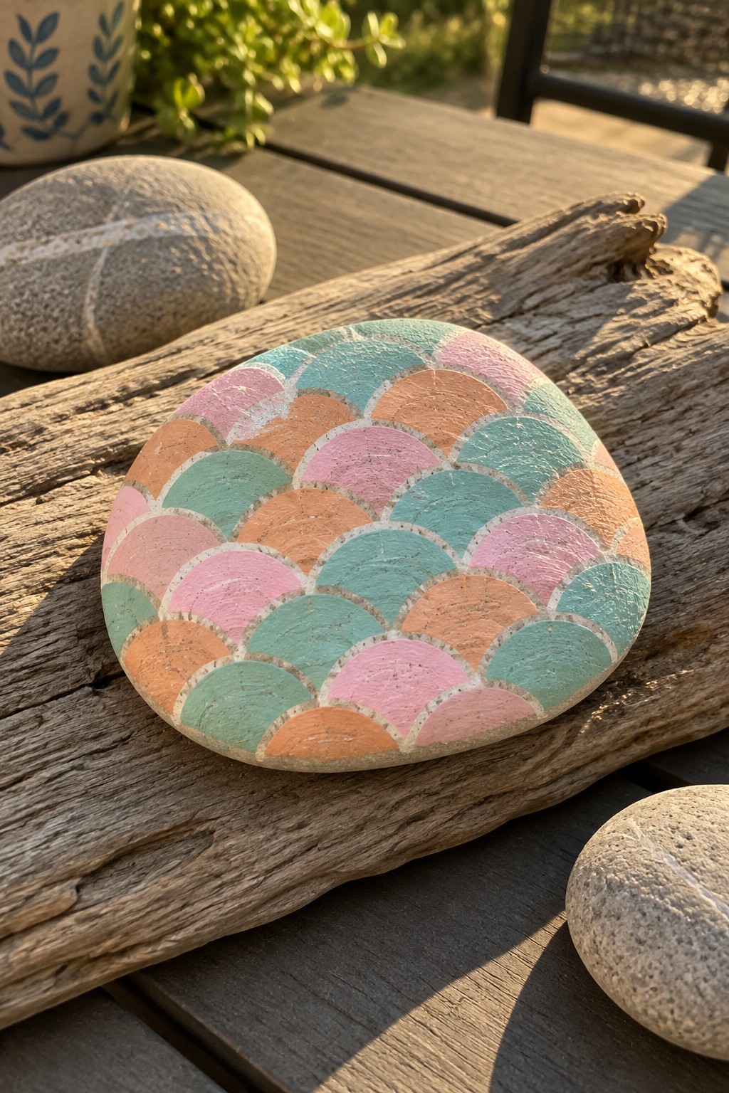 Painted rock with overlapping pink, teal, and peach scale pattern on driftwood.