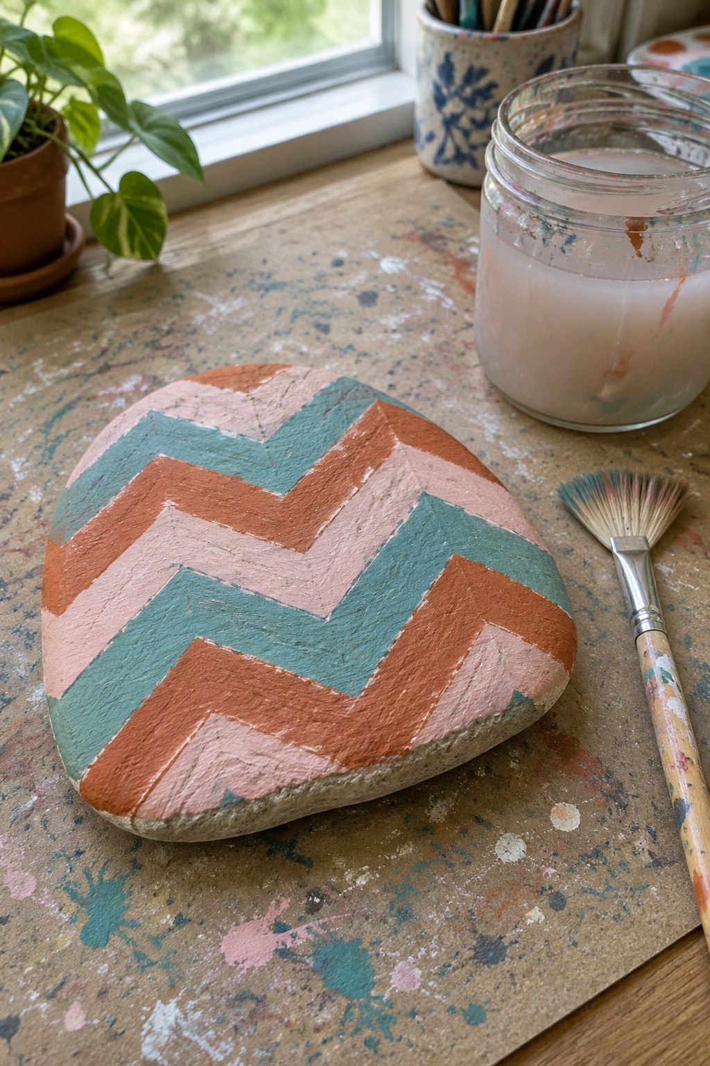 Painted rock with orange, teal, and pink chevron pattern beside brush on splattered table