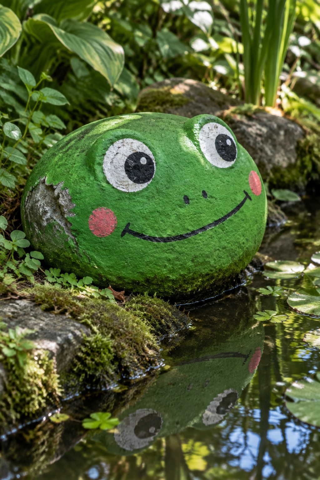 Green painted frog rock with red cheeks by mossy pond with reflection