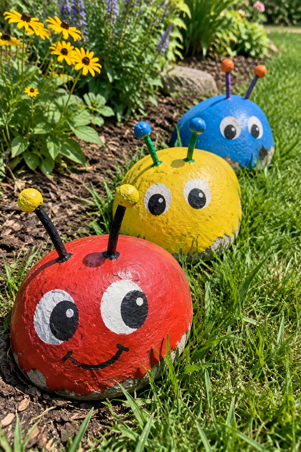 Three colorful painted rocks as bugs with antennae on garden grass