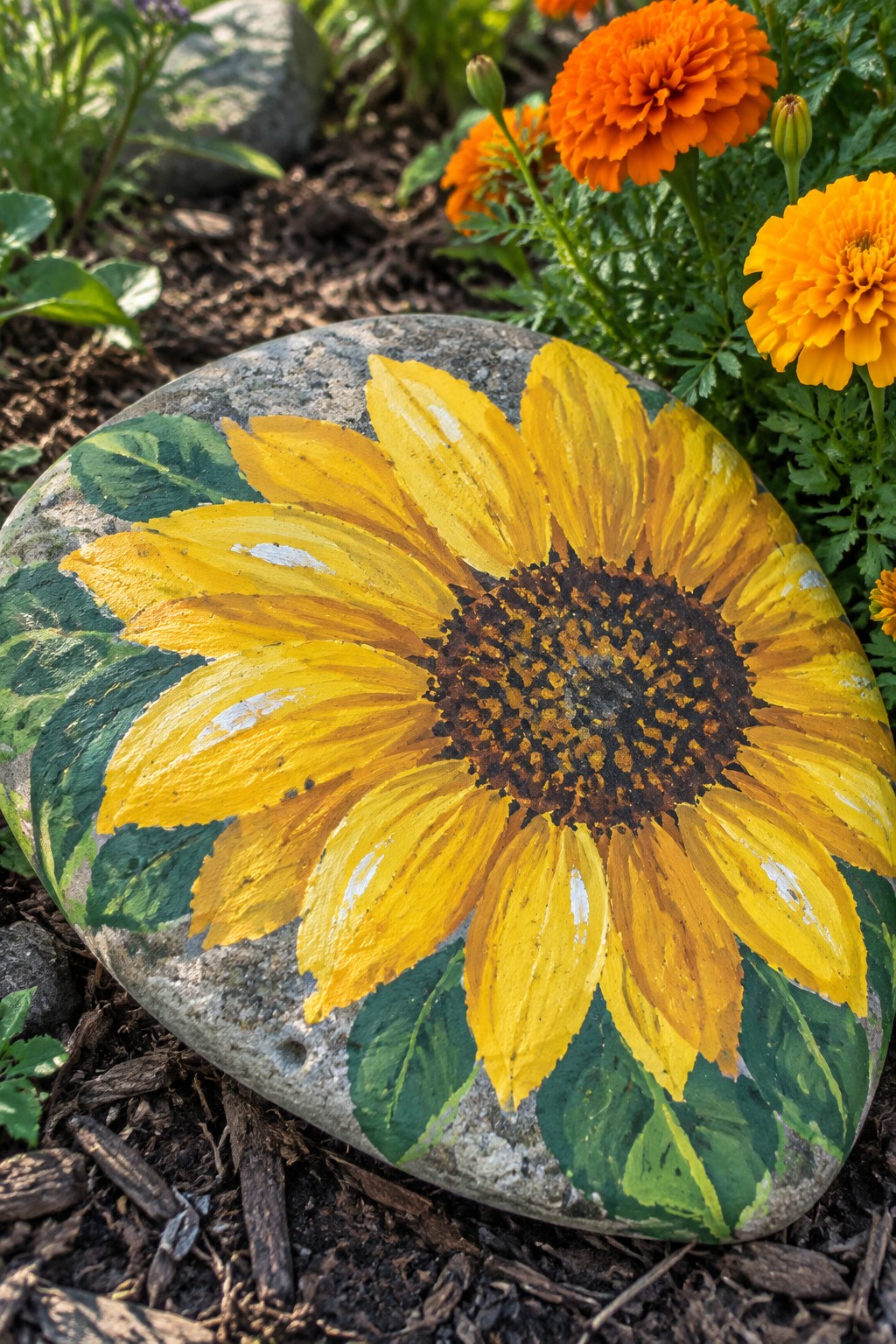 Painted rock with yellow sunflower, brown center, and green leaves in garden soil