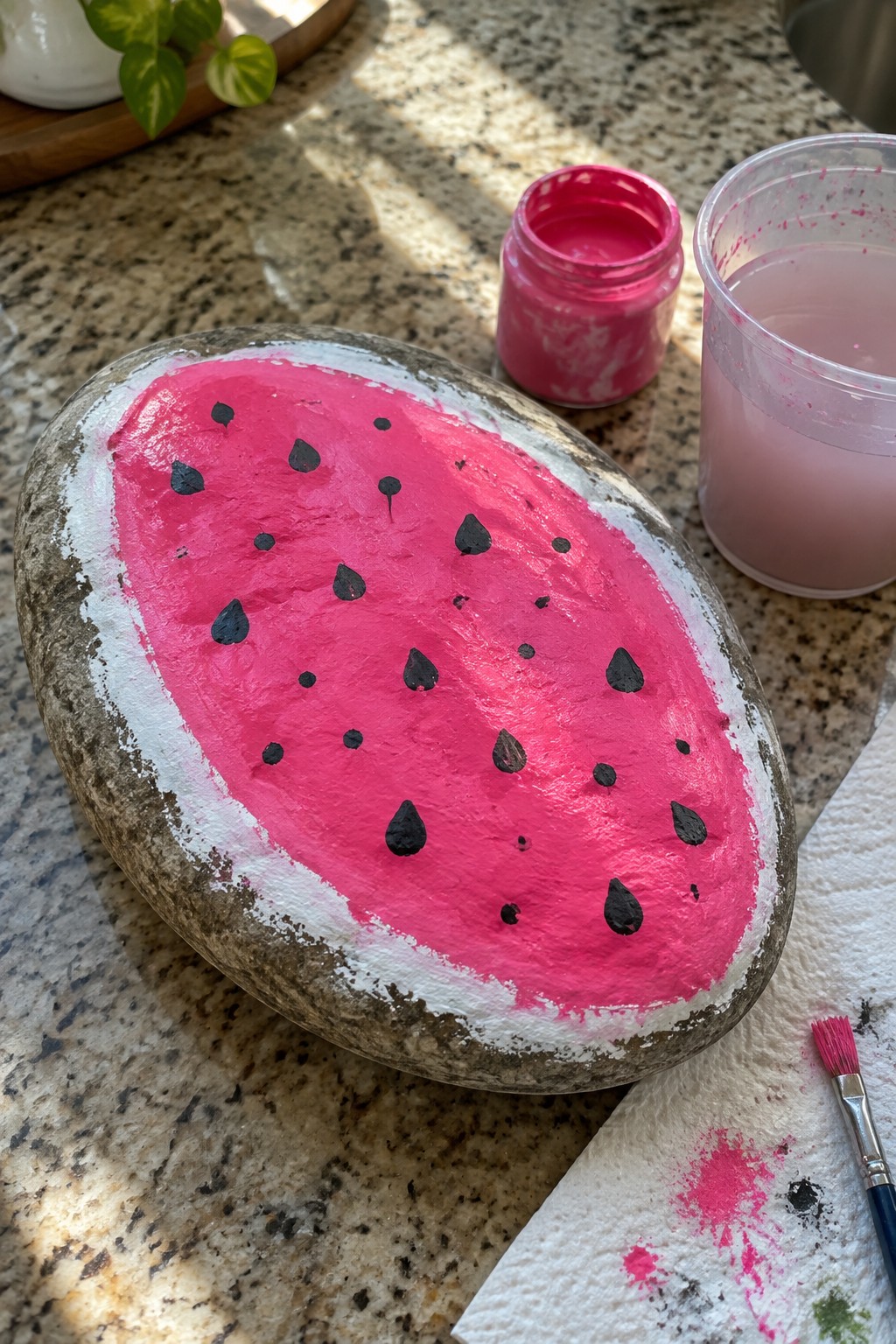 A large oval rock painted pink with black seeds and a white edge sits on a granite countertop next to pink paint and a brush.