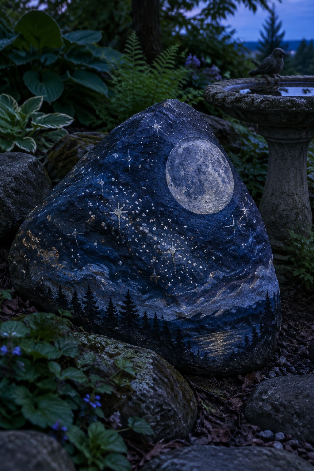 Painted rock with moon, stars, and forest landscape beside birdbath in twilight garden