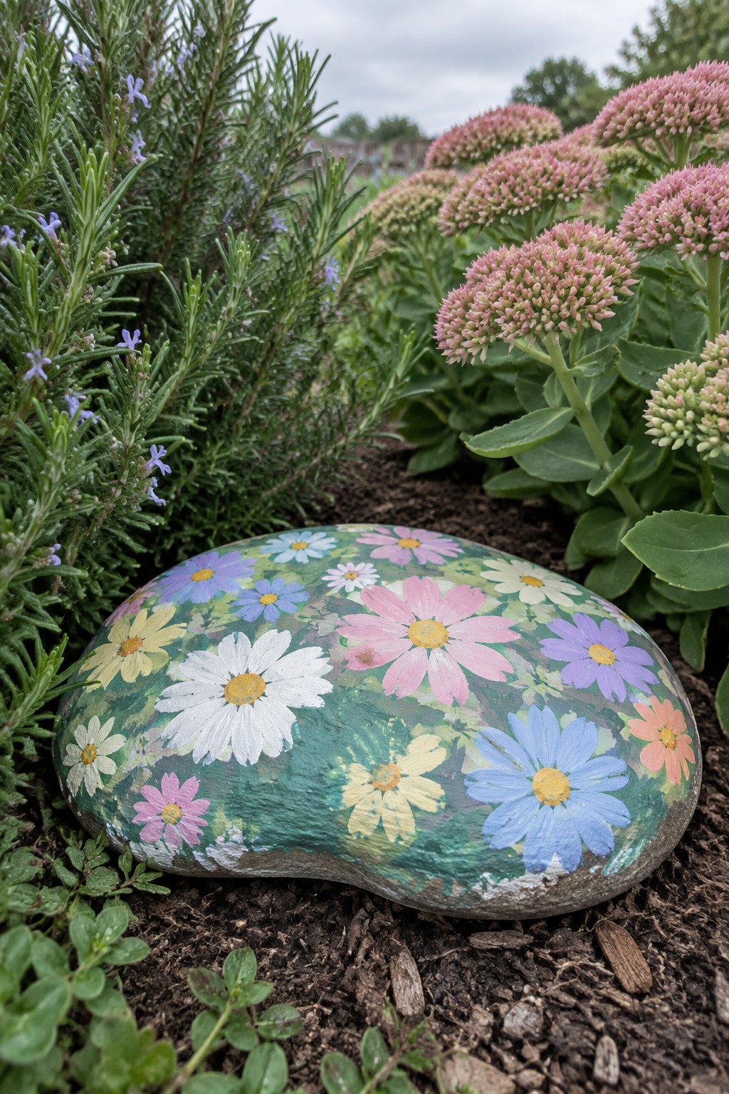 Painted rock with colorful daisies amid garden plants and pink blooms.
