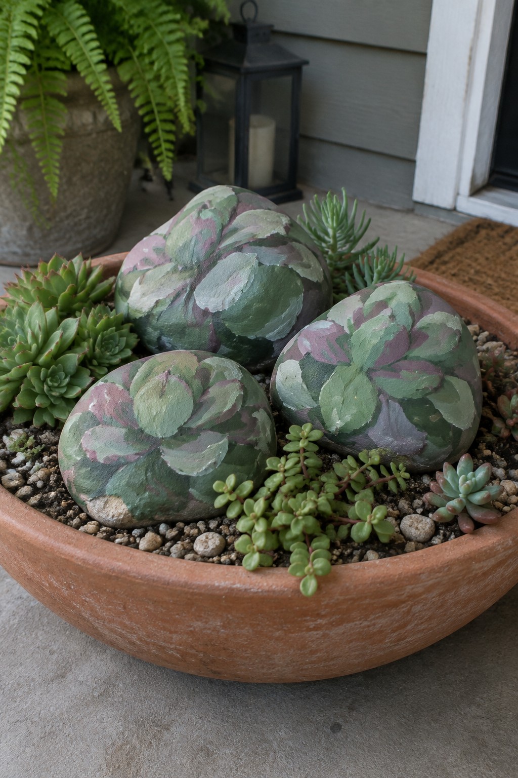 Terracotta pot with three painted rocks resembling succulents amid real plants and pebbles.