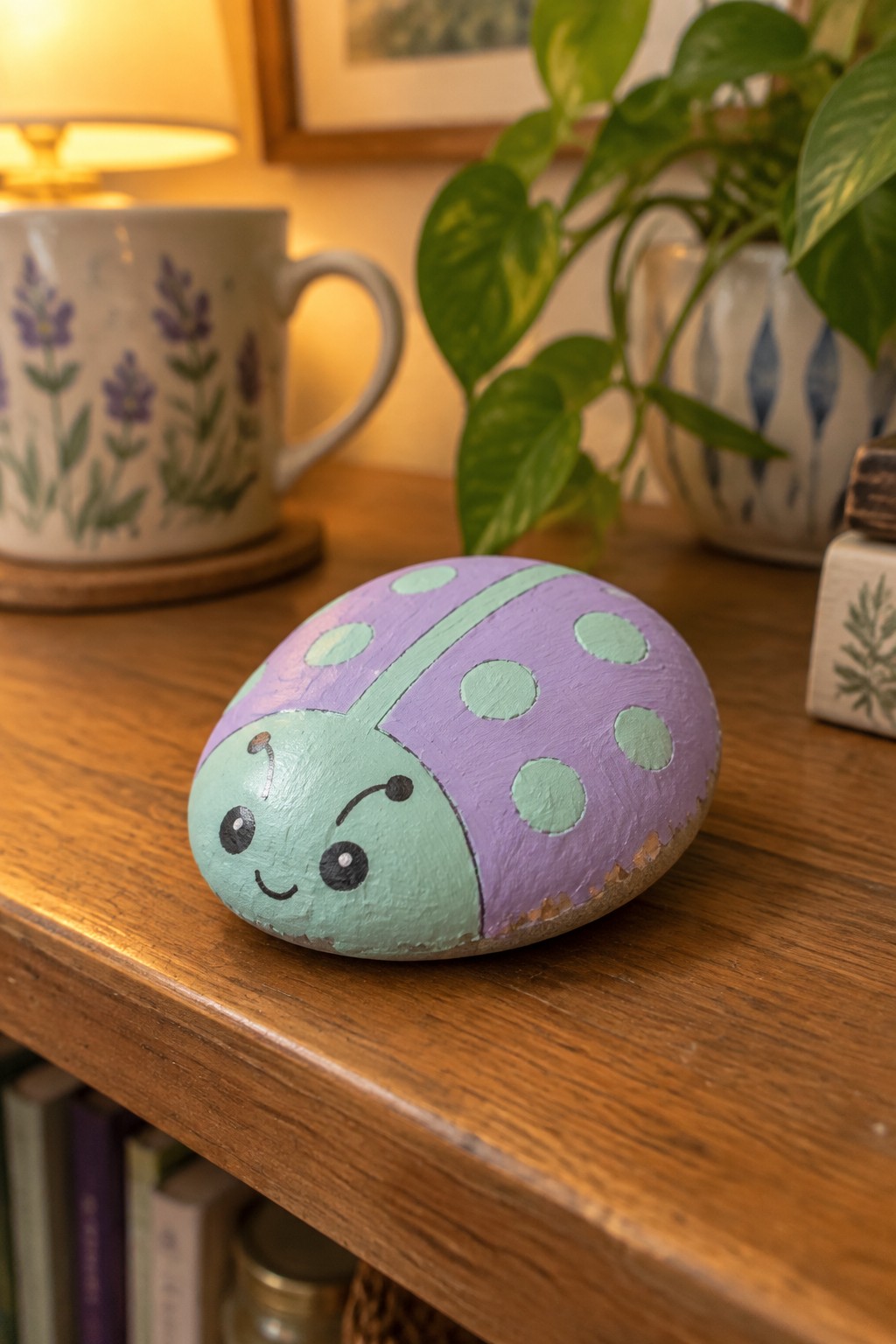 Painted purple ladybug rock with green spots and smiling face on wooden table