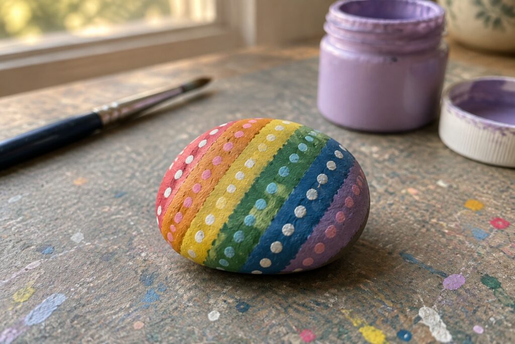 Rainbow-painted rock with white dots beside paintbrush and purple paint jar