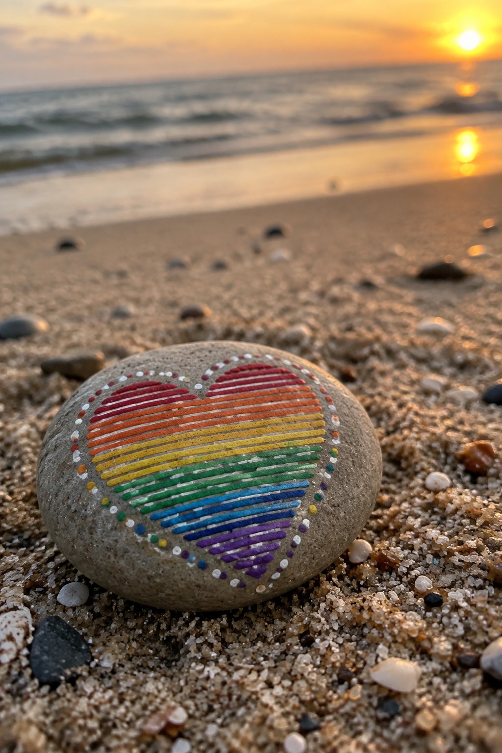 Round stone with rainbow heart on sandy beach at sunset by the ocean