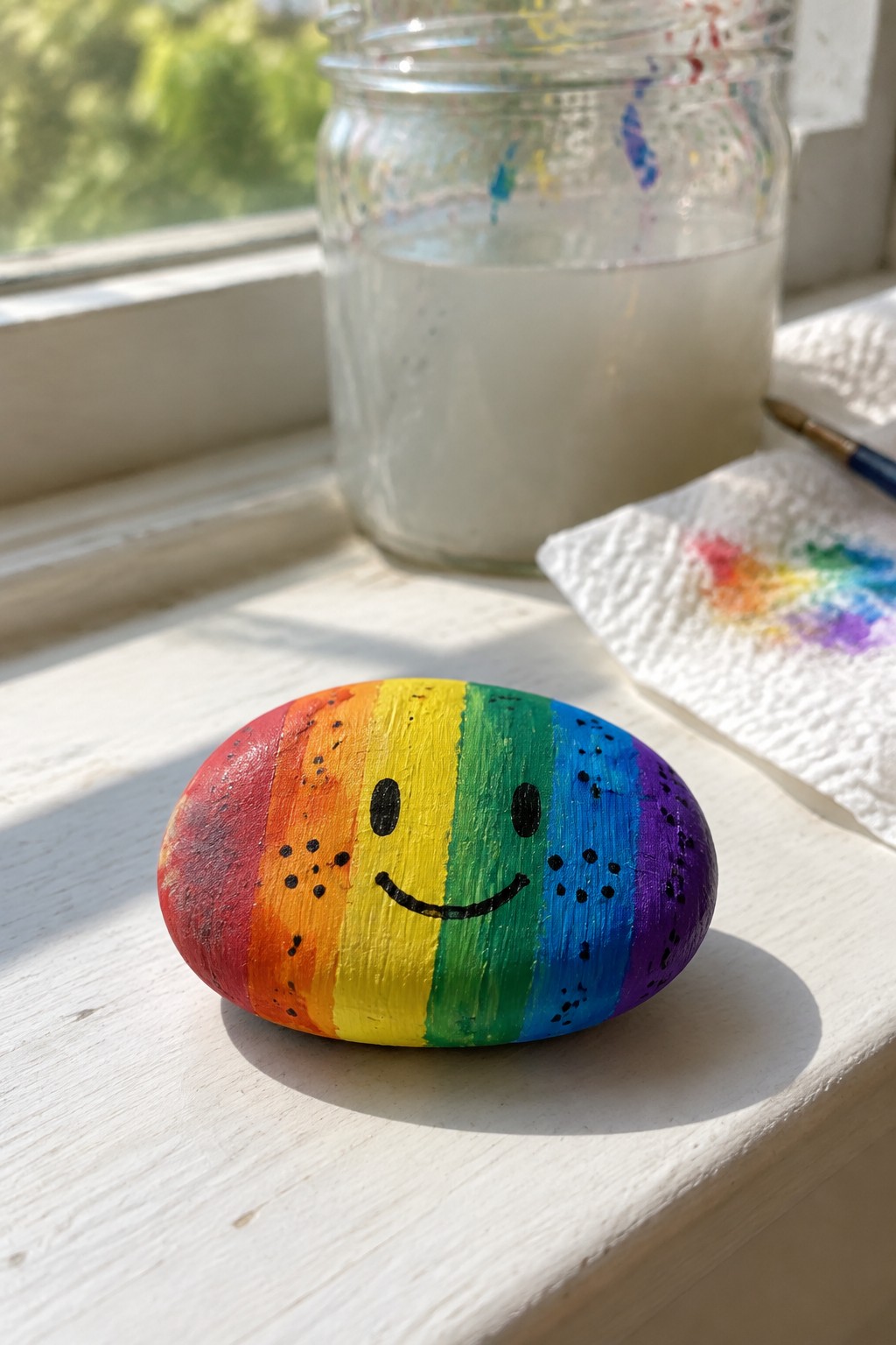 Rainbow-striped smiley rock on sunny windowsill beside paint jar and supplies