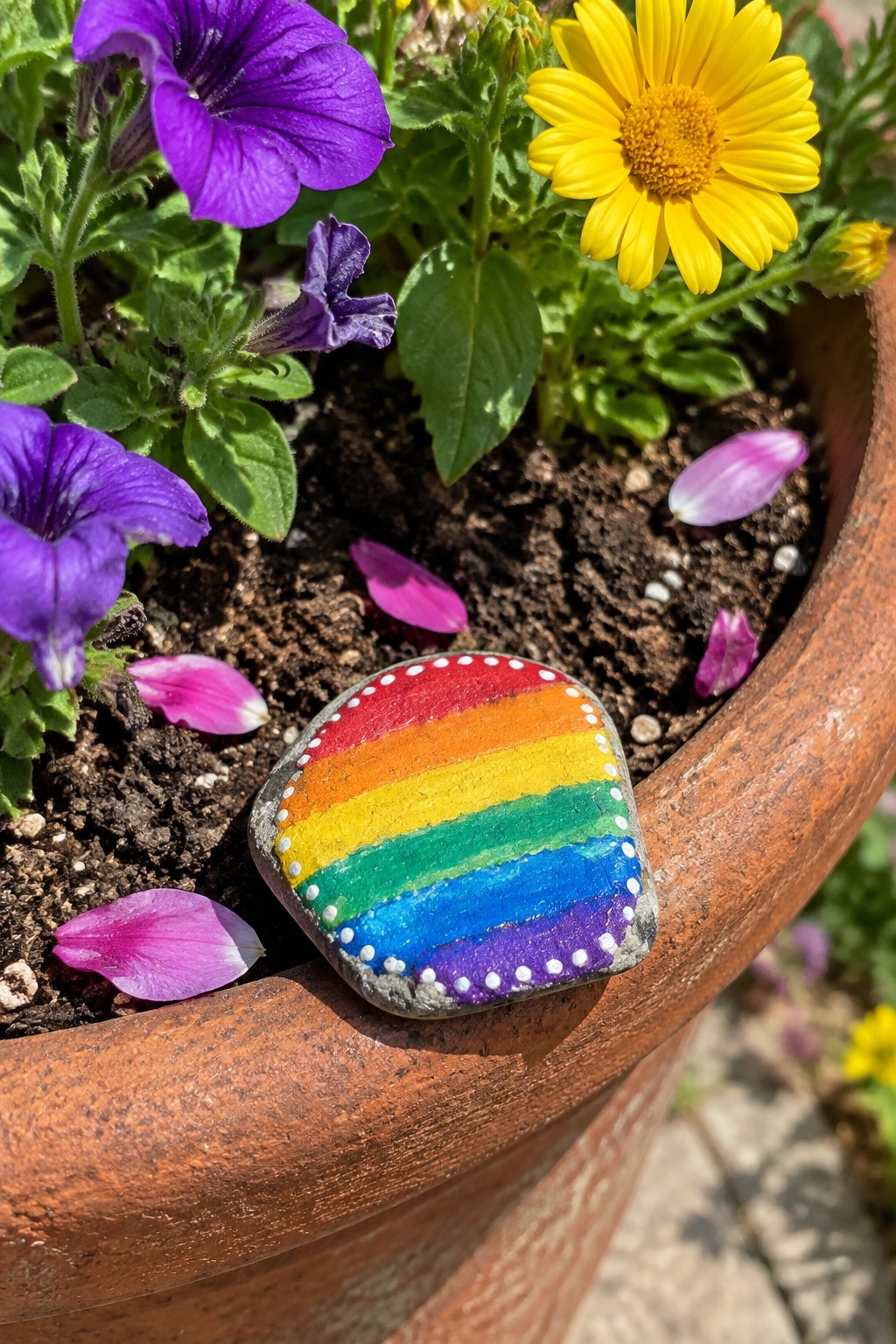 Rainbow-painted rock on rim of terracotta pot amid purple and yellow flowers