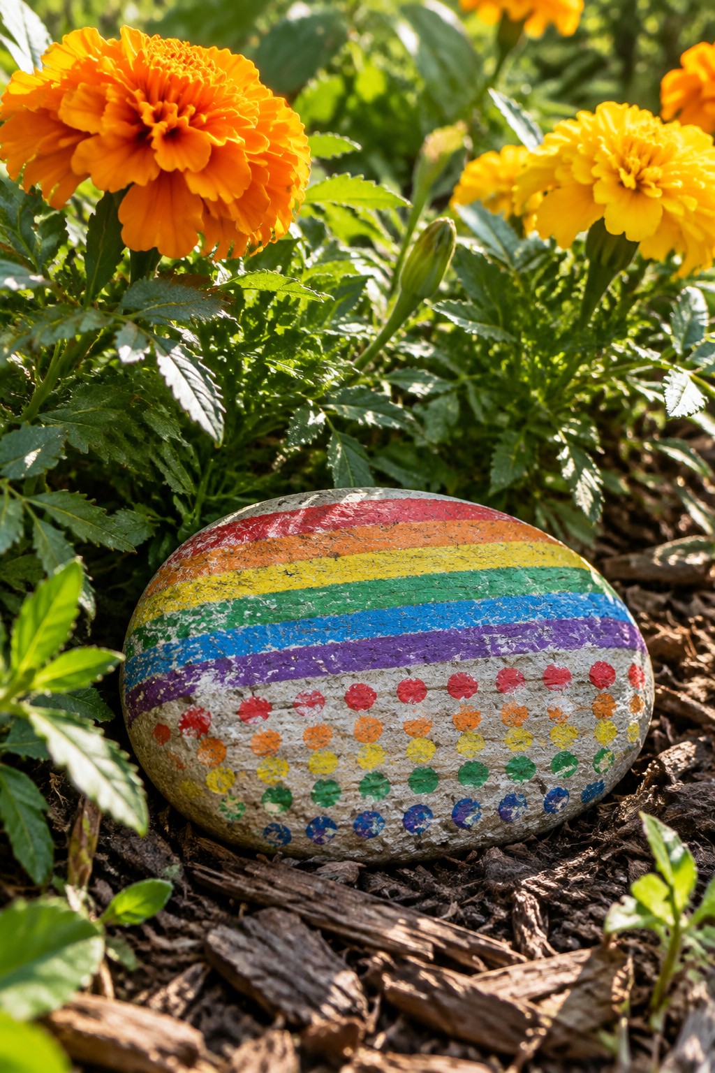 A rounded stone painted with rainbow stripes on top and colorful dots below sits in soil among orange marigold flowers.