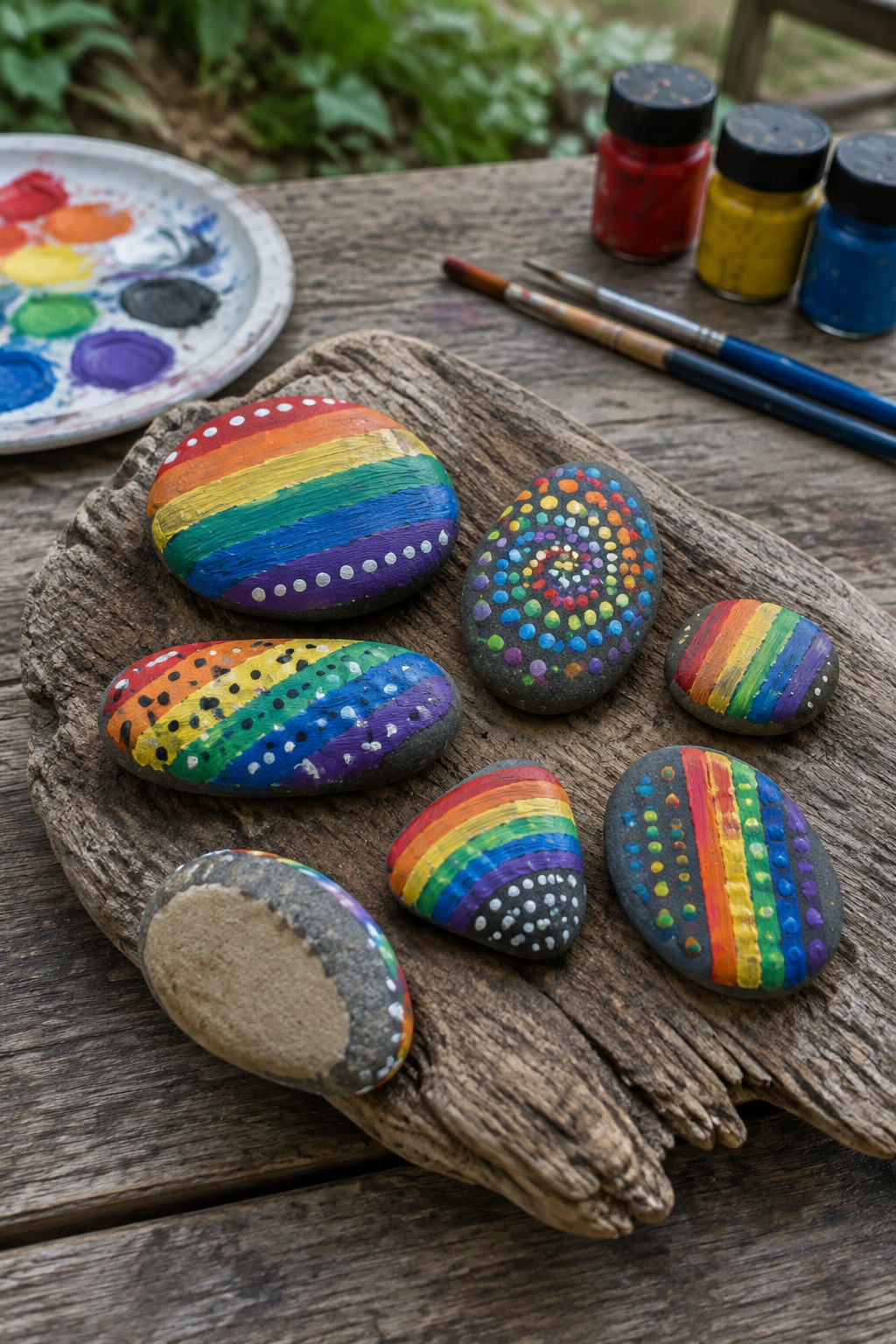 Several small dark stones painted with rainbow stripes and dots sit on a wooden board beside paint bottles and brushes.
