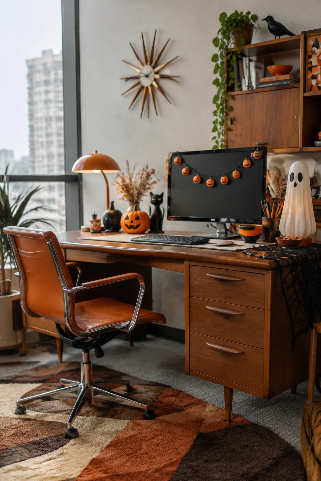 Mid-century wooden desk with orange chair, pumpkin garland, ghost figurine, and starburst clock.