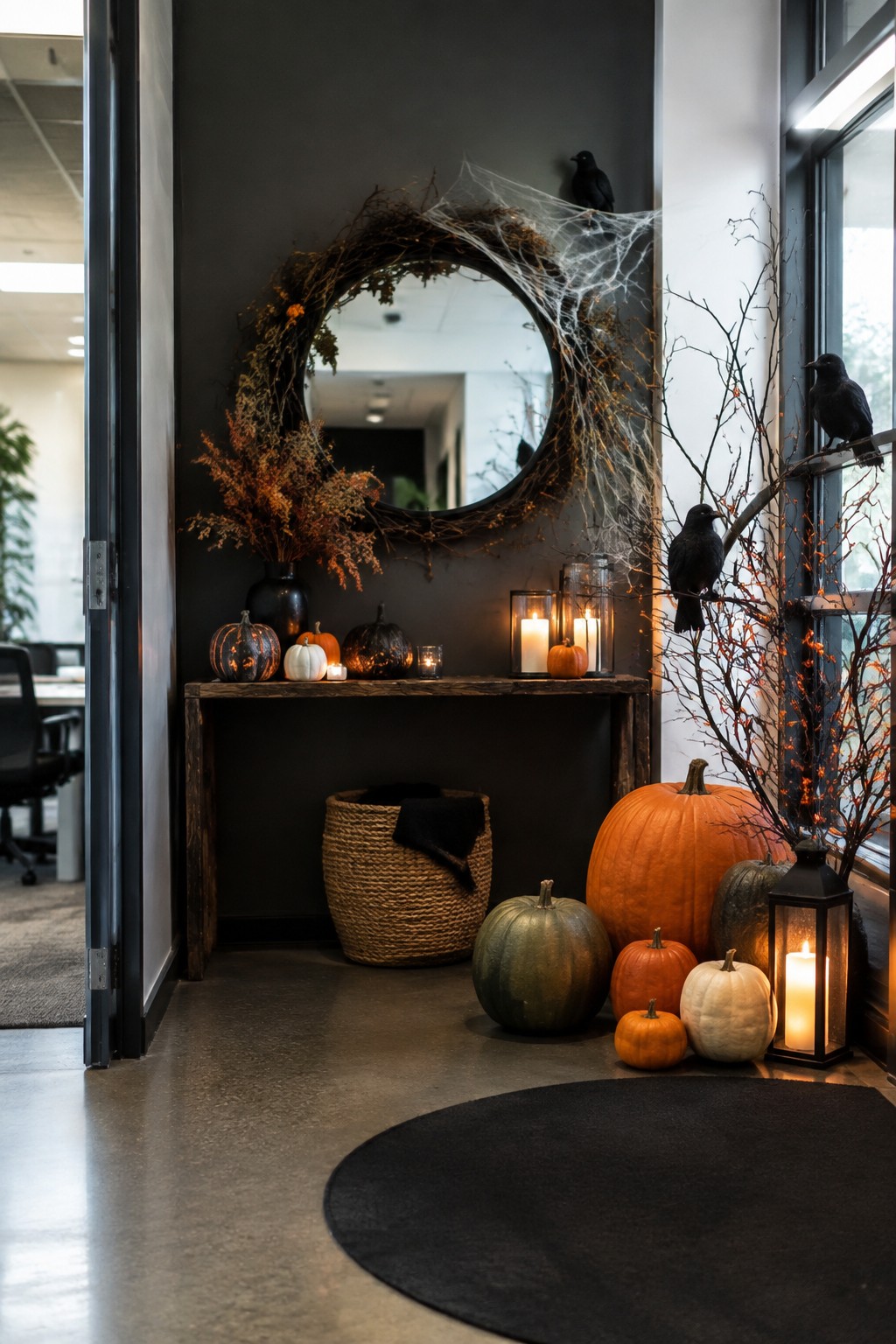 Office entryway console with a round mirror wrapped in spiderwebs and a wreath, black crows on branches, pumpkins, and lit lanterns.