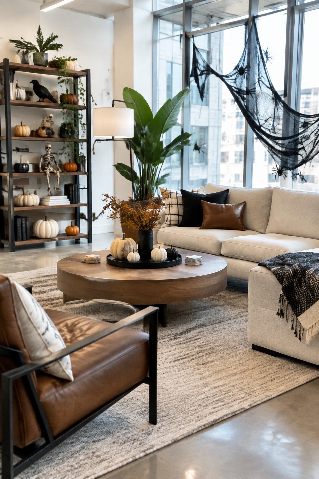 Modern lounge area with a large black spiderweb and plastic spiders draped across floor-to-ceiling windows, with pumpkins and a skeleton visible on nearby shelving.