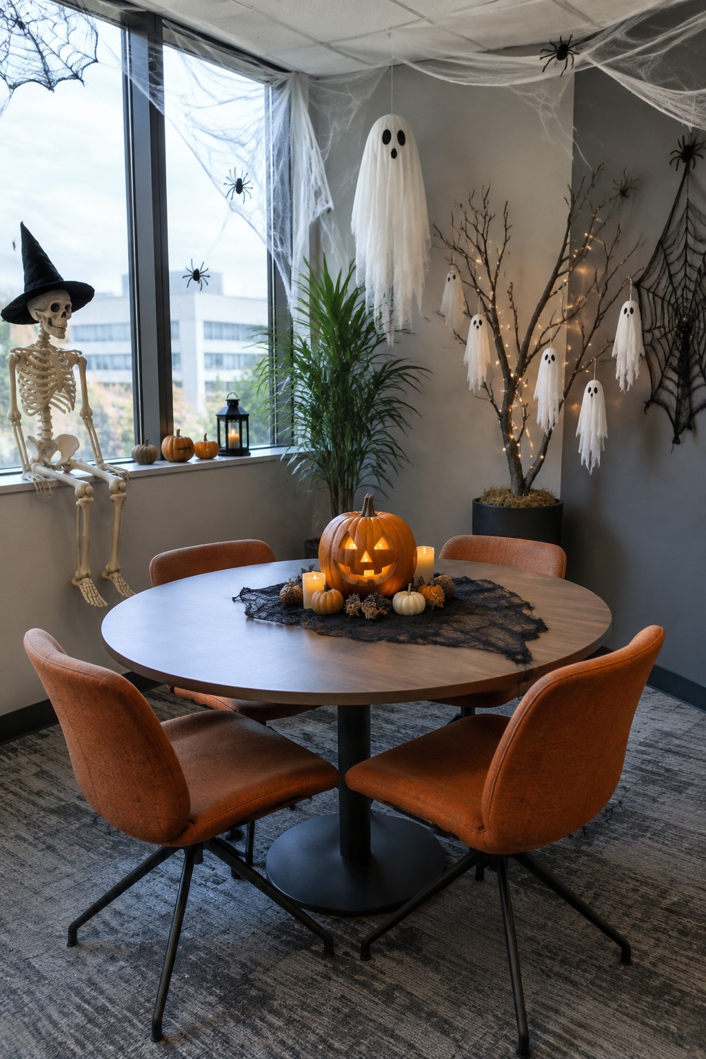 Office conference room with a round table featuring a lit jack o lantern centerpiece, small pumpkins, candles, and black lace runner, plus hanging ghosts, spiderwebs, and a skeleton by the window.