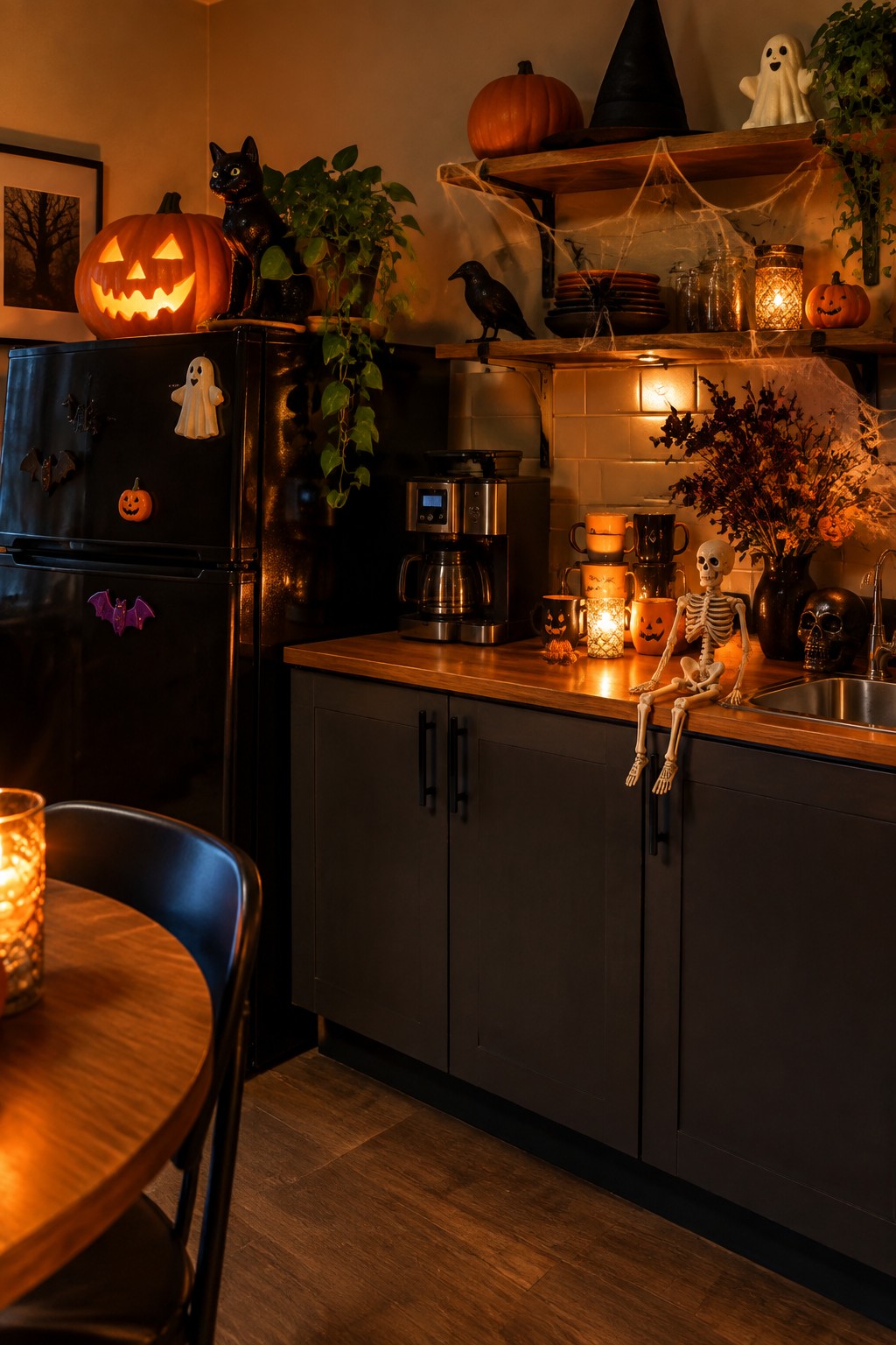Kitchen counter with a skeleton figure seated on the edge next to pumpkin mugs and small Halloween decorations.