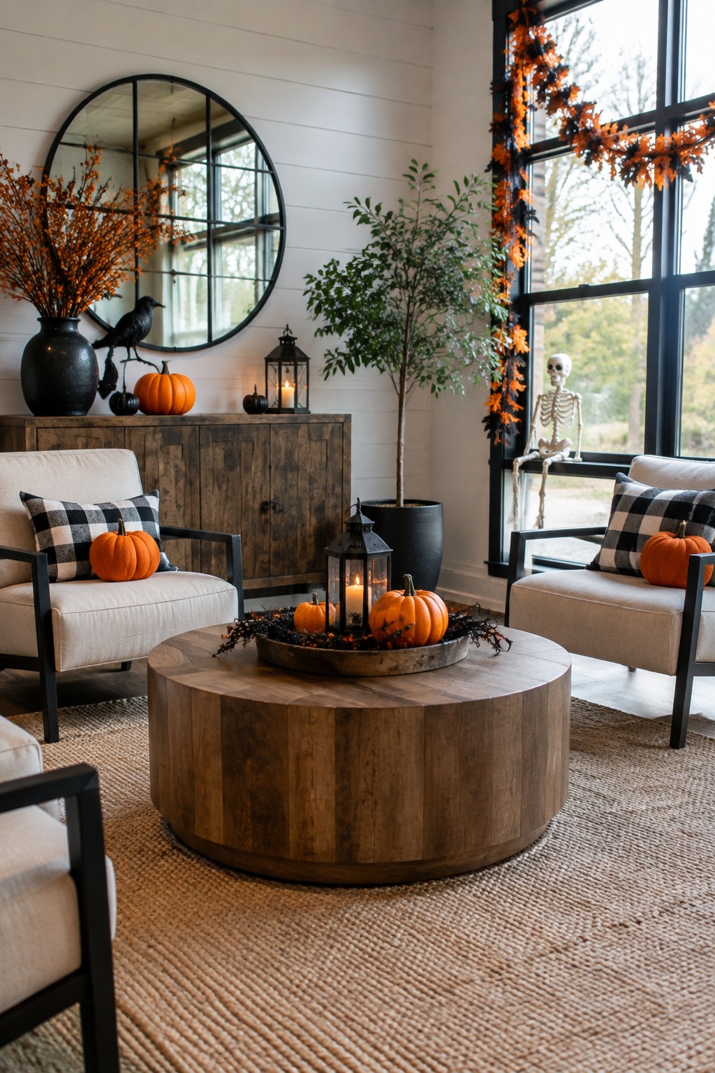 Living room with a decorative skeleton seated in a large window, a round wooden coffee table holding a tray of pumpkins and lanterns, and two armchairs with buffalo check pillows.