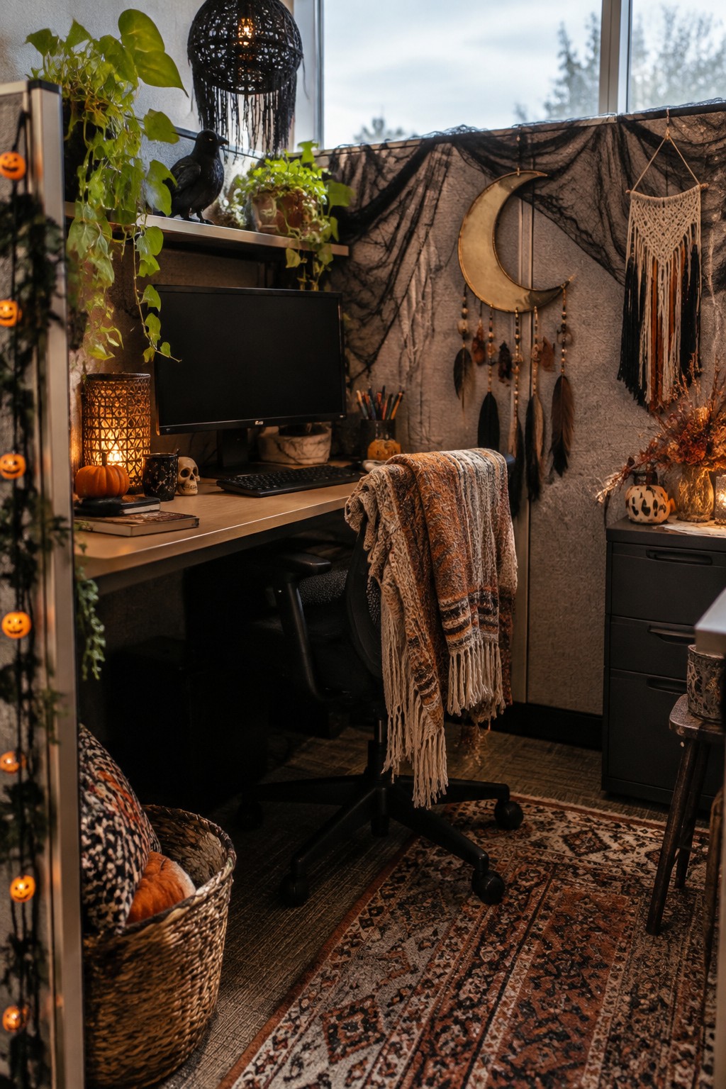 Office desk area with a black crow on the shelf, a skull, small pumpkins, and black fabric draped on the wall behind the monitor.