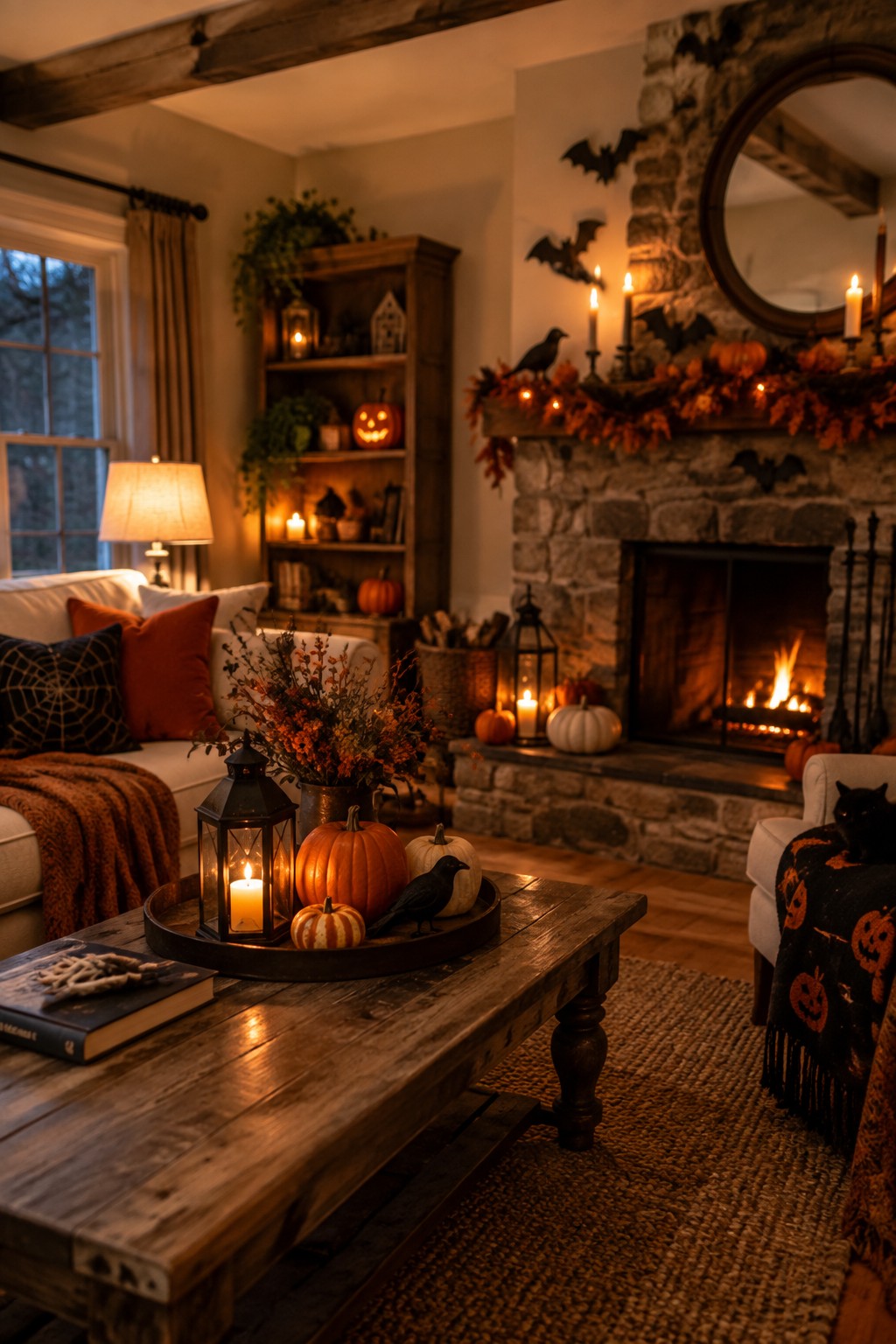 Living room fireplace mantel decorated with black bat cutouts, a pumpkin garland, candles, and small pumpkins on the hearth.