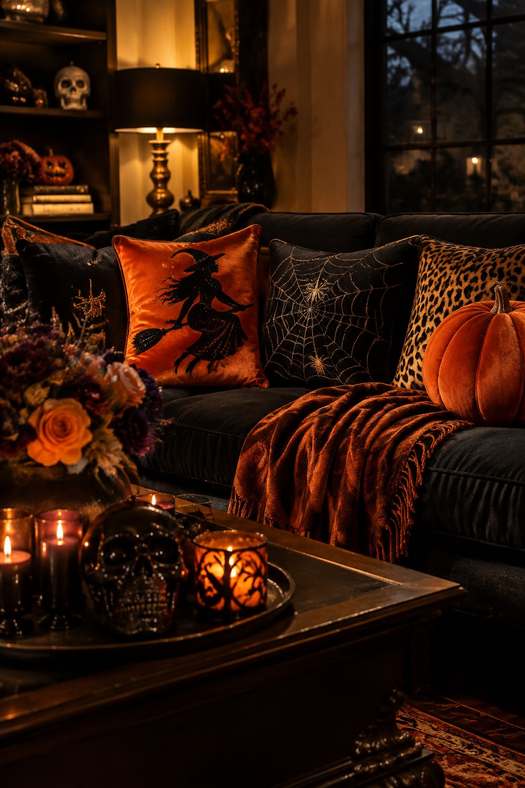 Dark sofa with an orange pillow showing a witch on a broomstick and a black pillow with a spiderweb design, next to a skull and candles on the coffee table.
