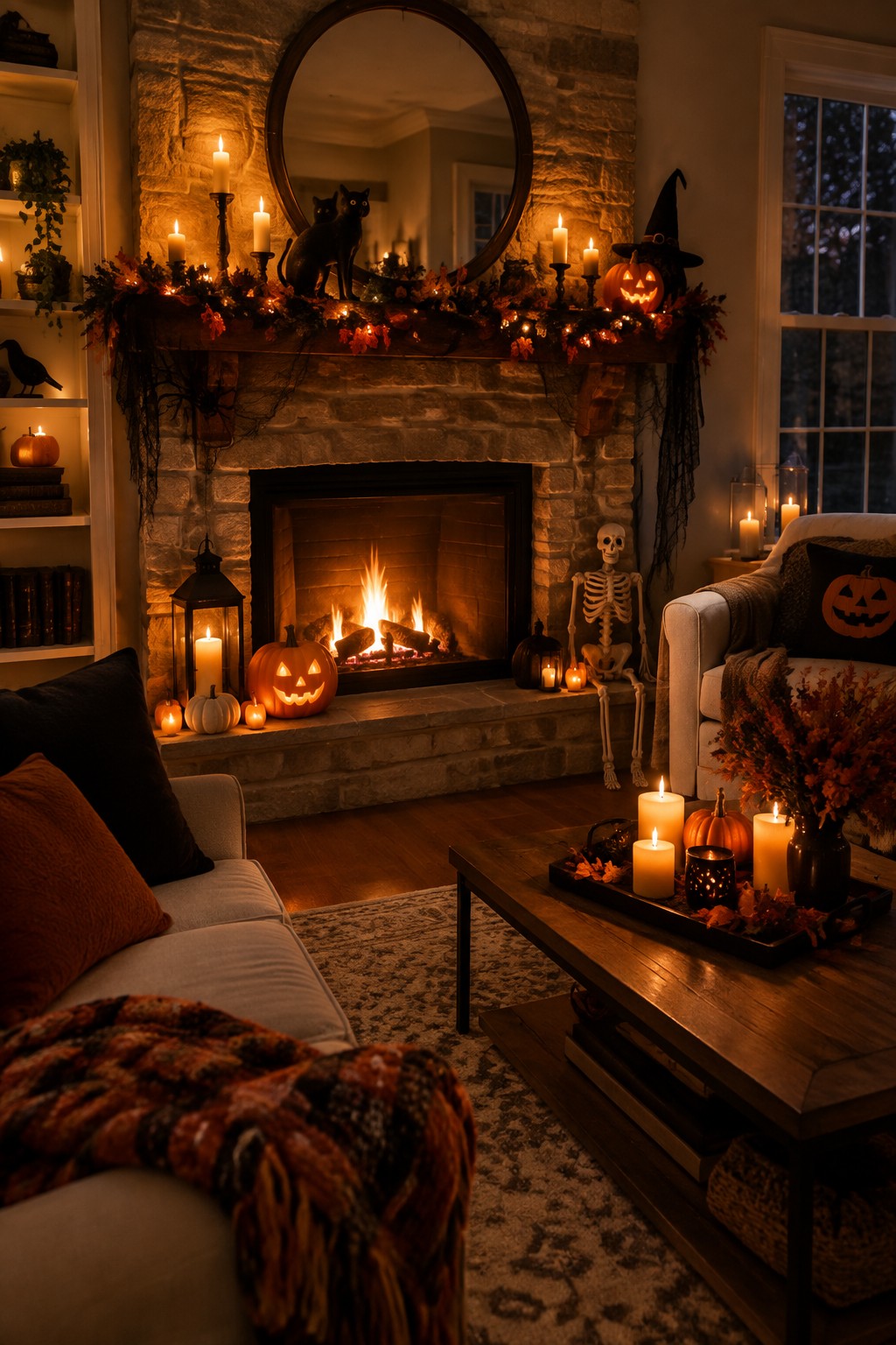 Stone fireplace mantel styled with lit jack o lanterns, candles, string lights, black cat figures, and a garland for Halloween.
