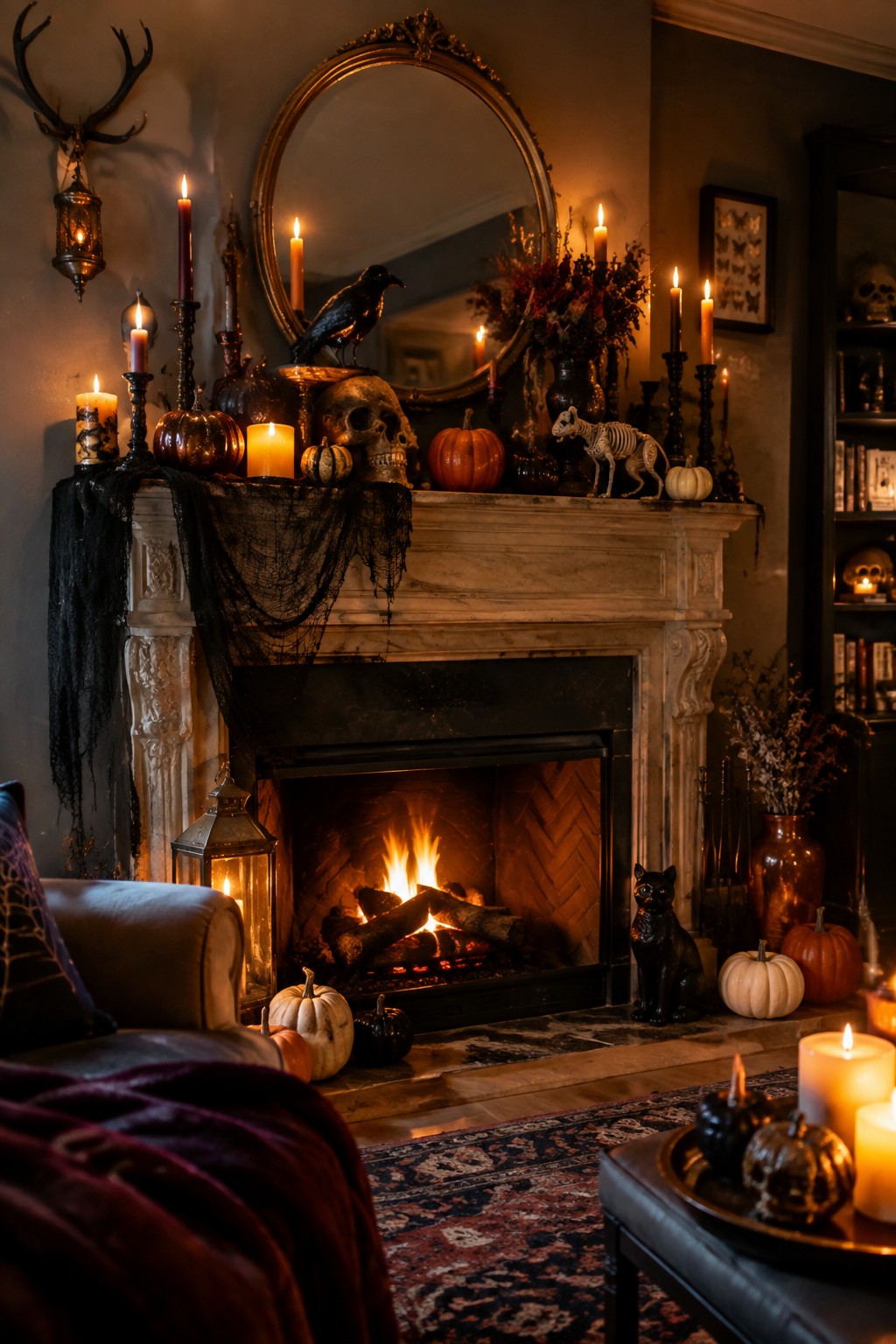 Fireplace mantel decorated for Halloween with skulls, a black crow, pumpkins, candles, and skeleton figures.