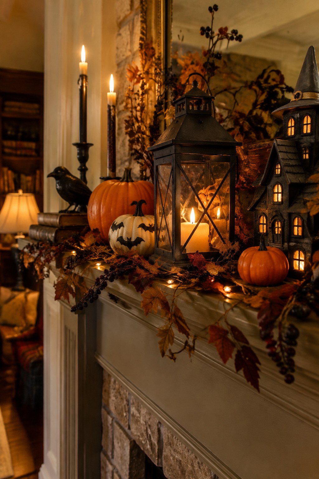 Decorated fireplace mantel with pumpkins, glowing lantern, candles, and haunted house