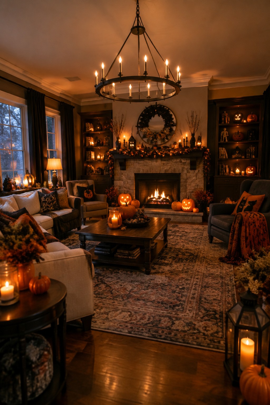 Cozy living room with fireplace, jack-o-lanterns, candles, and autumn decorations.