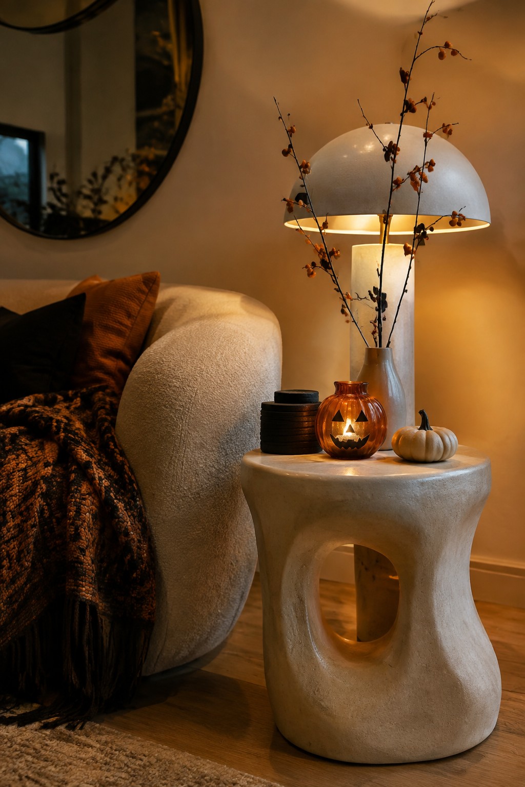 Stone side table holding a glowing amber jack o lantern candle, a small white pumpkin, and a white vase with dark branches next to a light sofa.