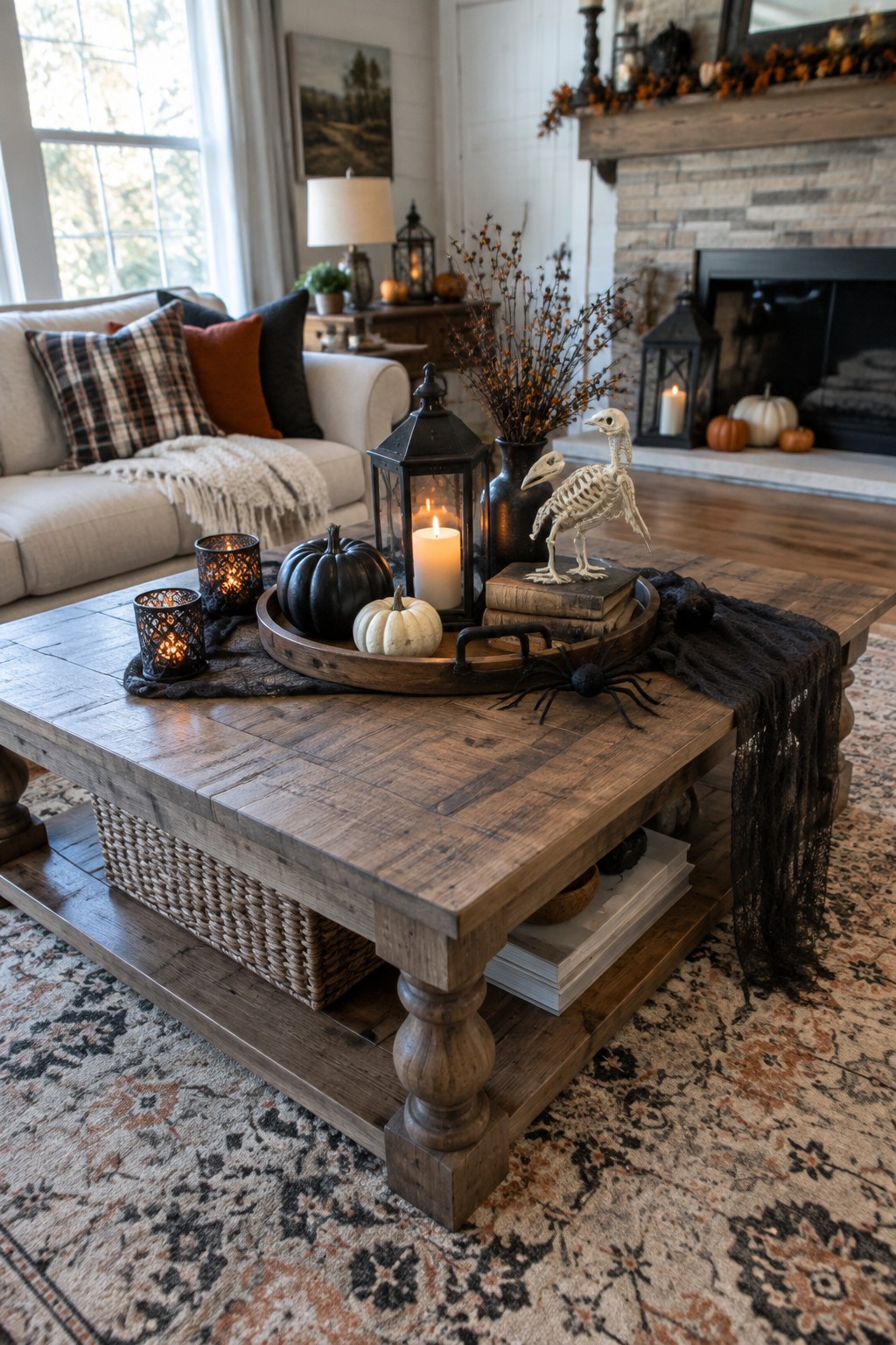 Coffee table tray holding a small skeleton bird, black spider, black and white pumpkins, and lit lanterns in a living room setting.