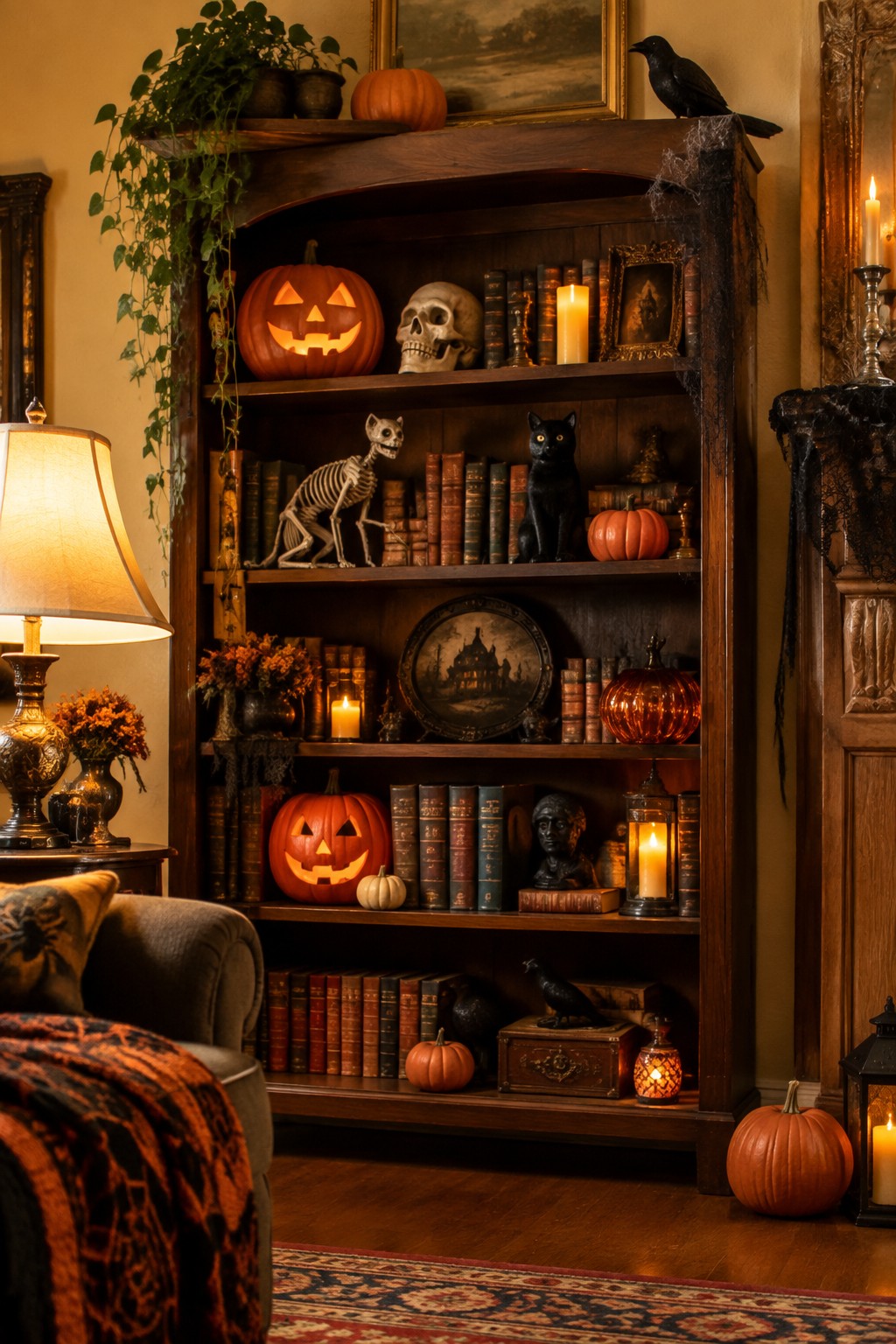 A wooden bookshelf filled with carved jack o lanterns, a skeleton cat, a black cat figurine, skulls, and books for a Halloween display.