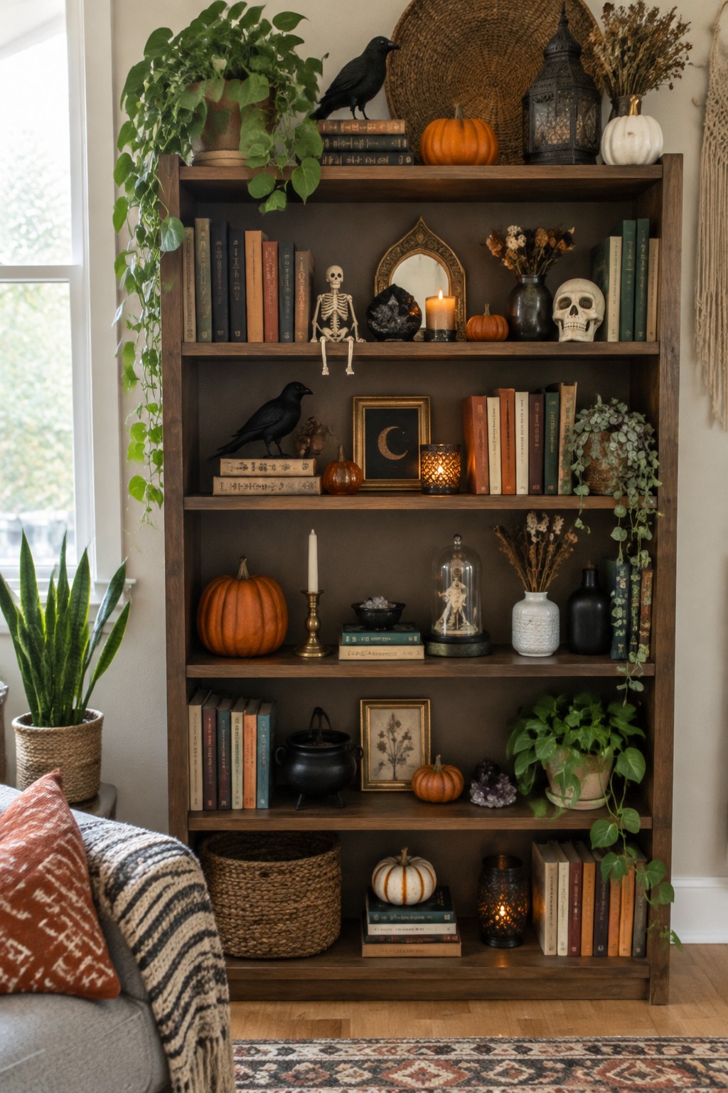 Wooden bookshelves in a living room styled with small skeleton figures, skulls, black crows, pumpkins, and candles for Halloween.