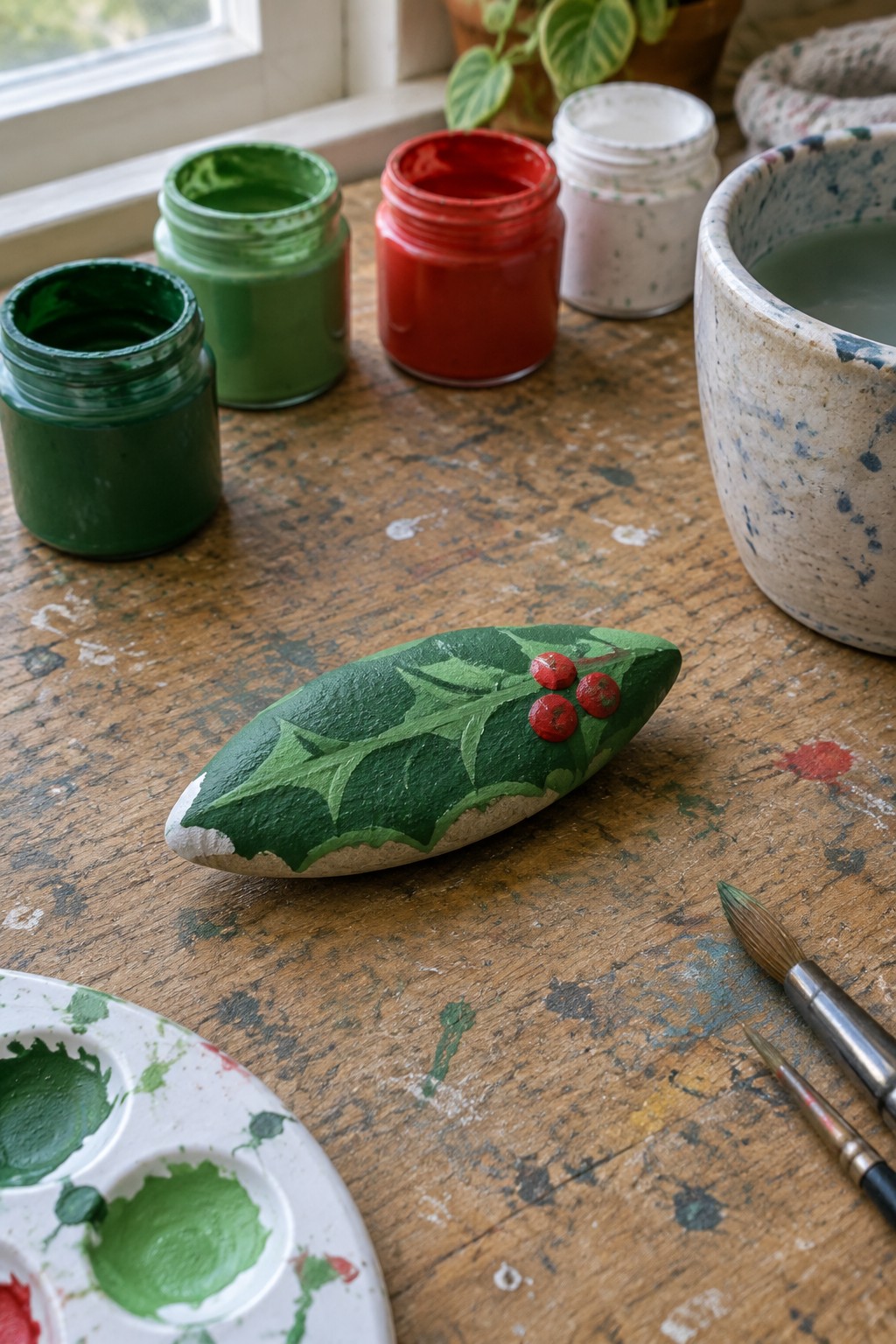 Painted holly leaf rock with red berries amid paint jars and brushes on table
