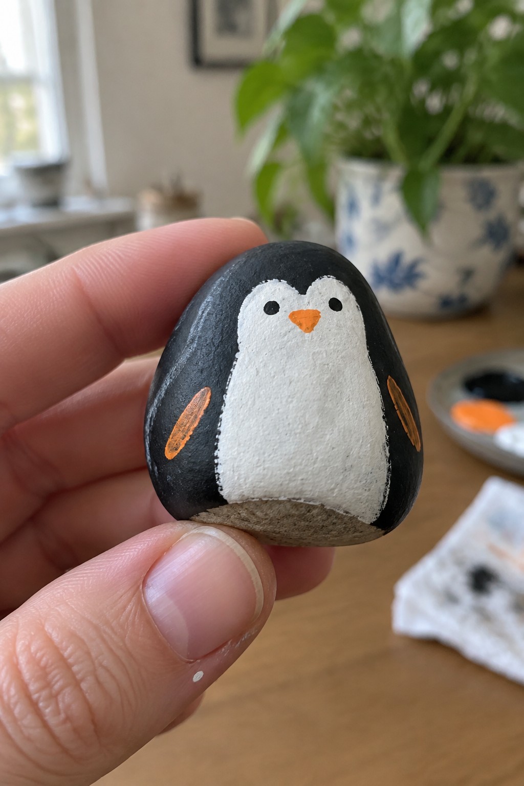 Hand holding black-and-white painted pebble penguin with orange beak and flippers