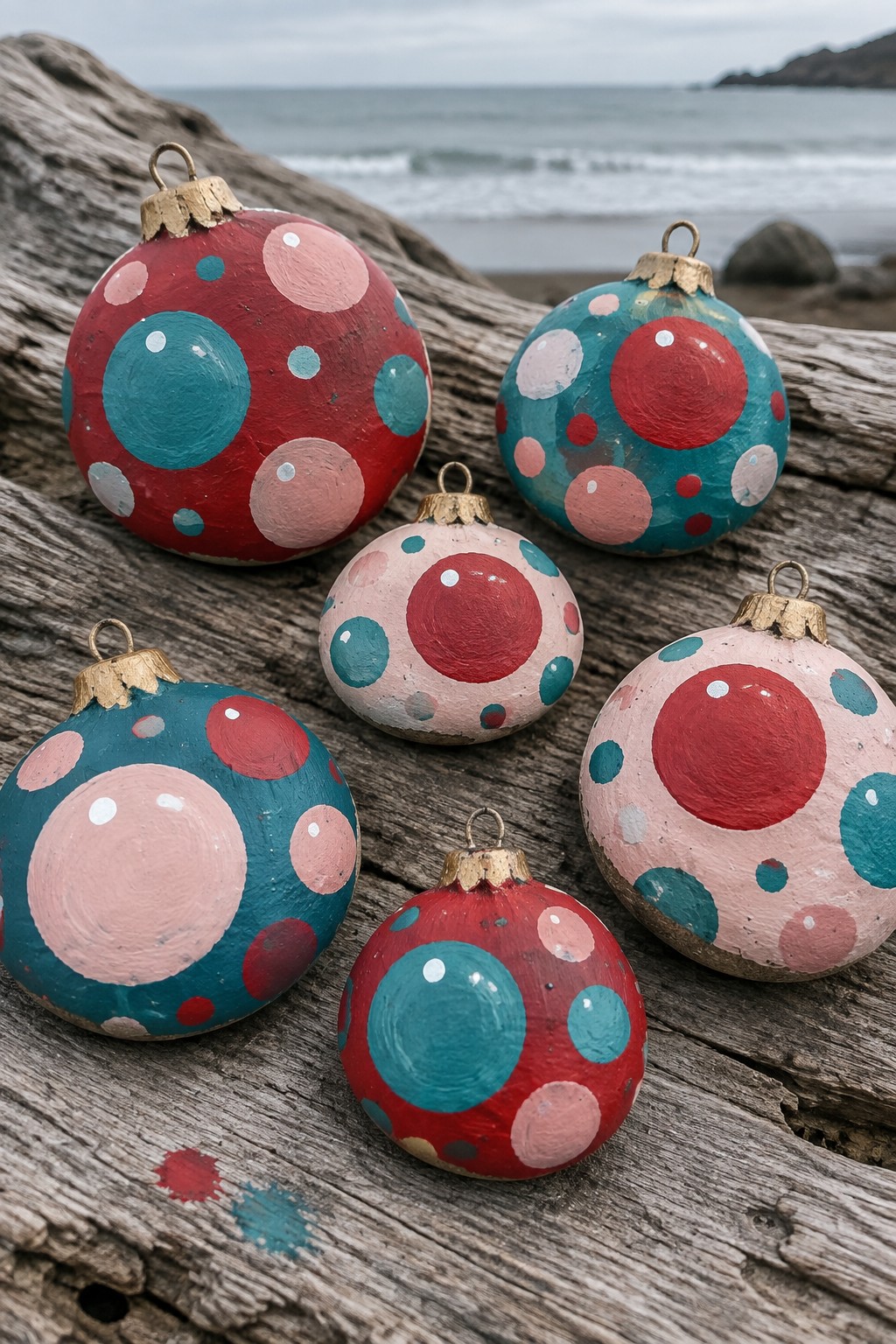Six colorful polka-dotted ornaments on driftwood by the ocean