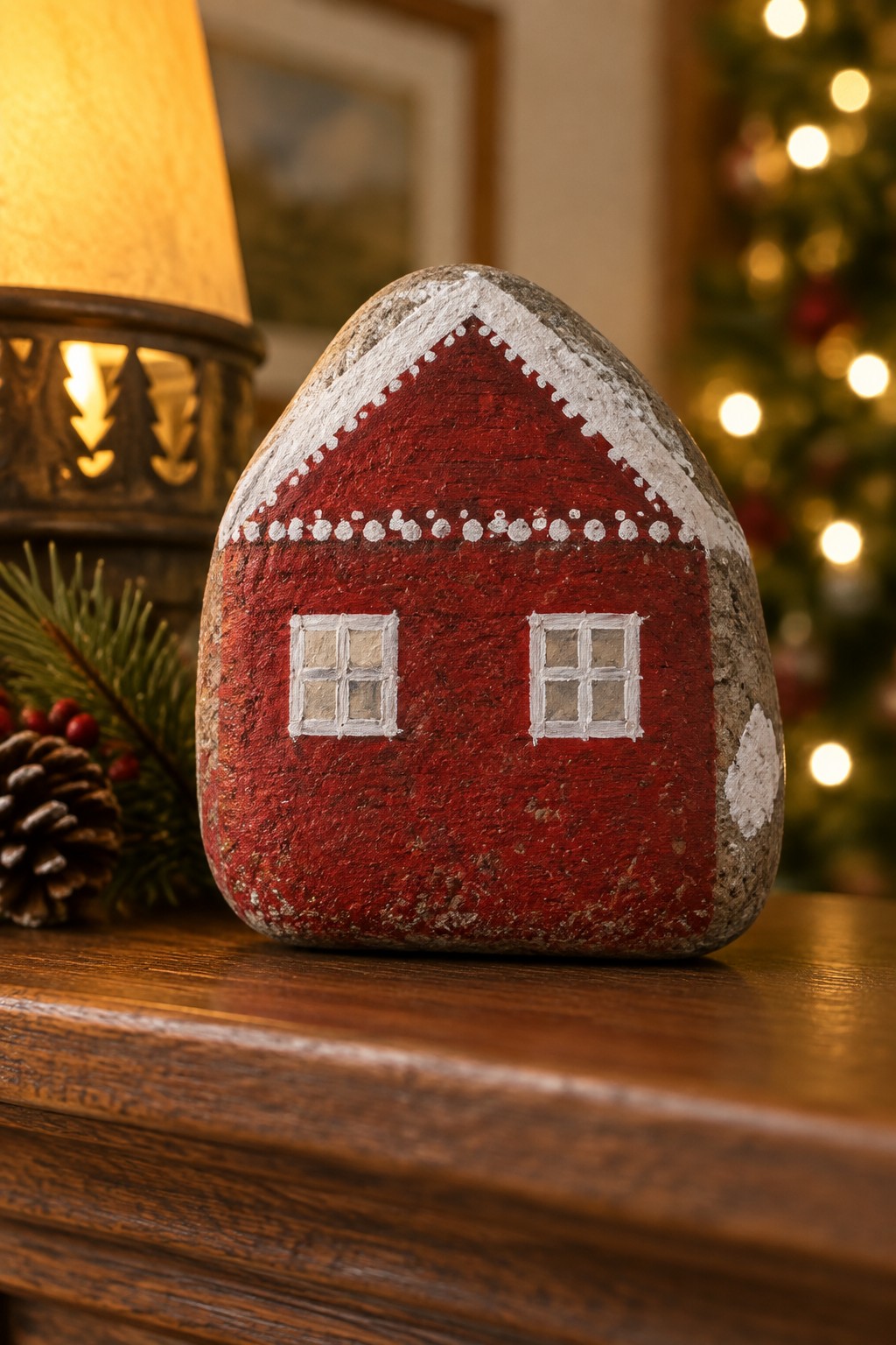 Red painted rock house with white windows and trim on wooden table near Christmas tree