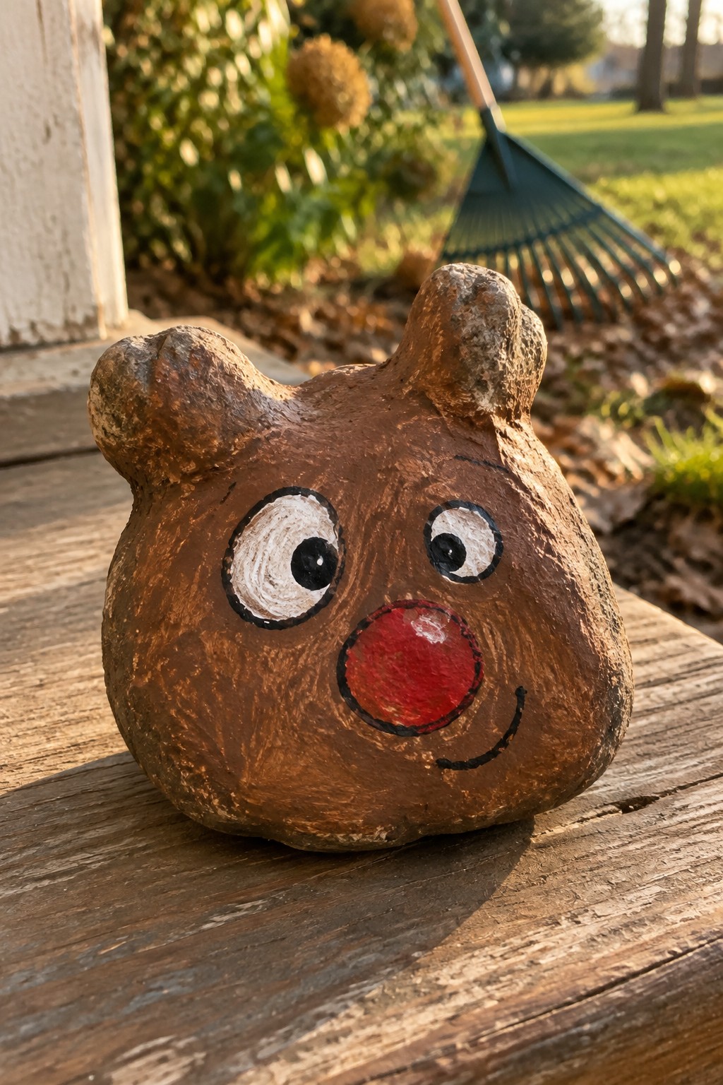 Brown painted rock bear with large eyes, red nose and smile on wood