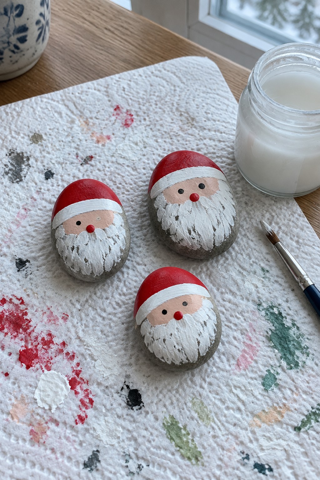 Three painted rocks resembling Santa Claus faces rest on a white paper towel next to a jar of white paint and a brush.