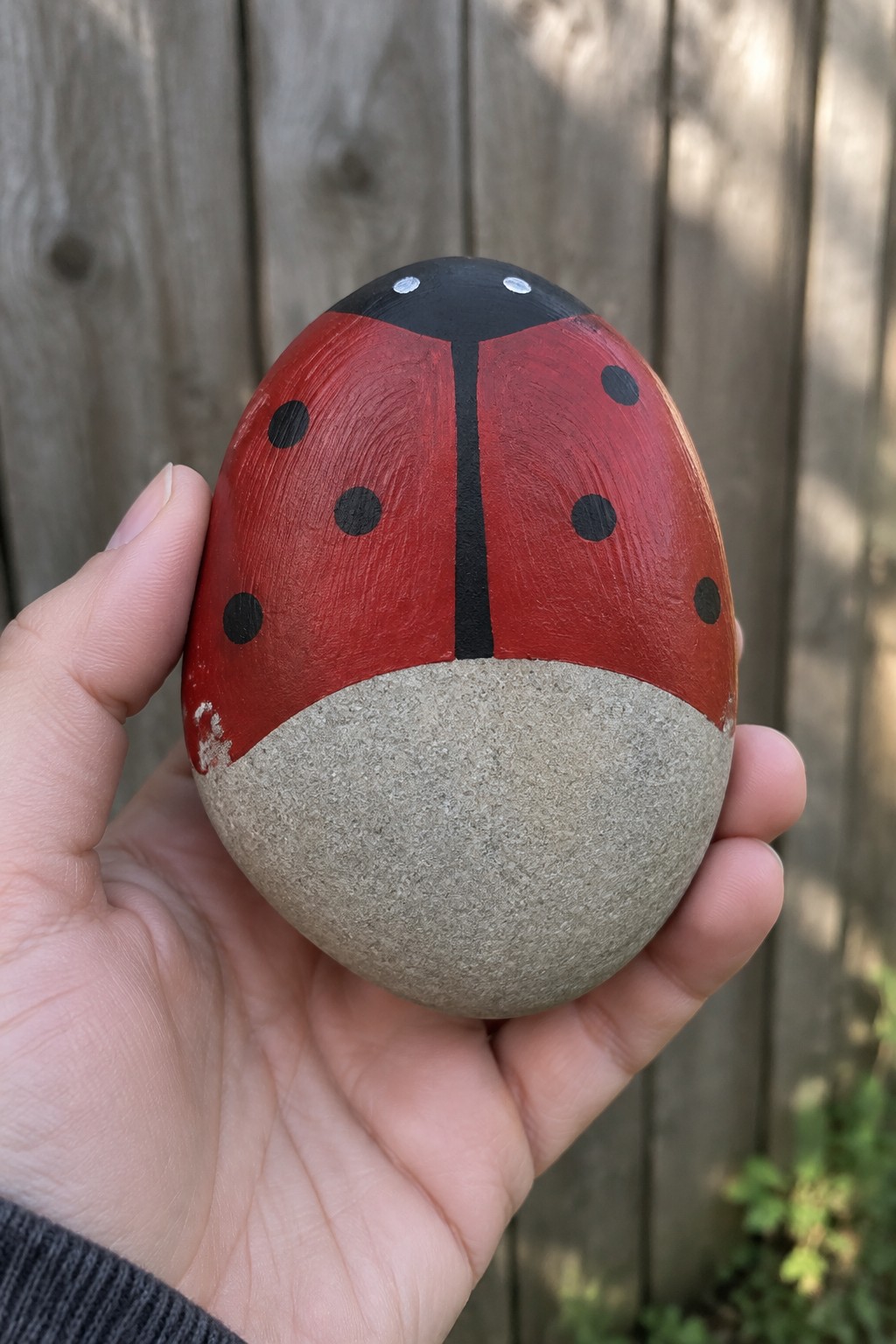 Hand holding red ladybug-painted stone with black spots and gray base