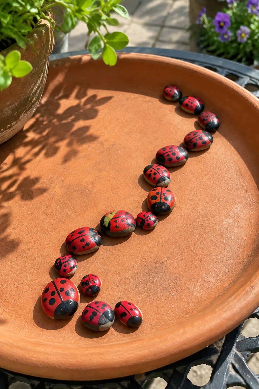 Ladybug-painted rocks arranged in a curve on a terracotta saucer in sunlight