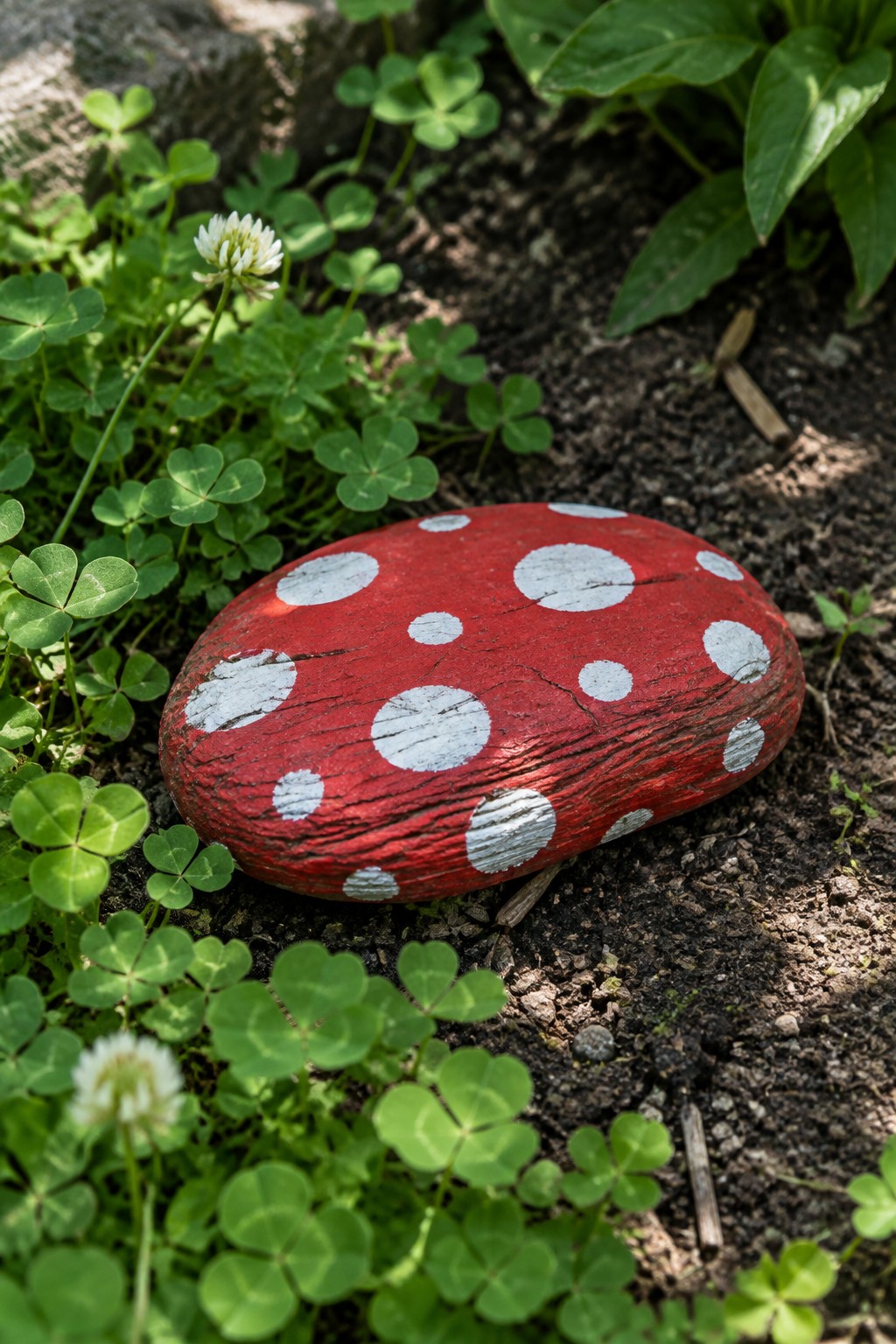 Painted red stone with white dots rests amid green clover on soil.