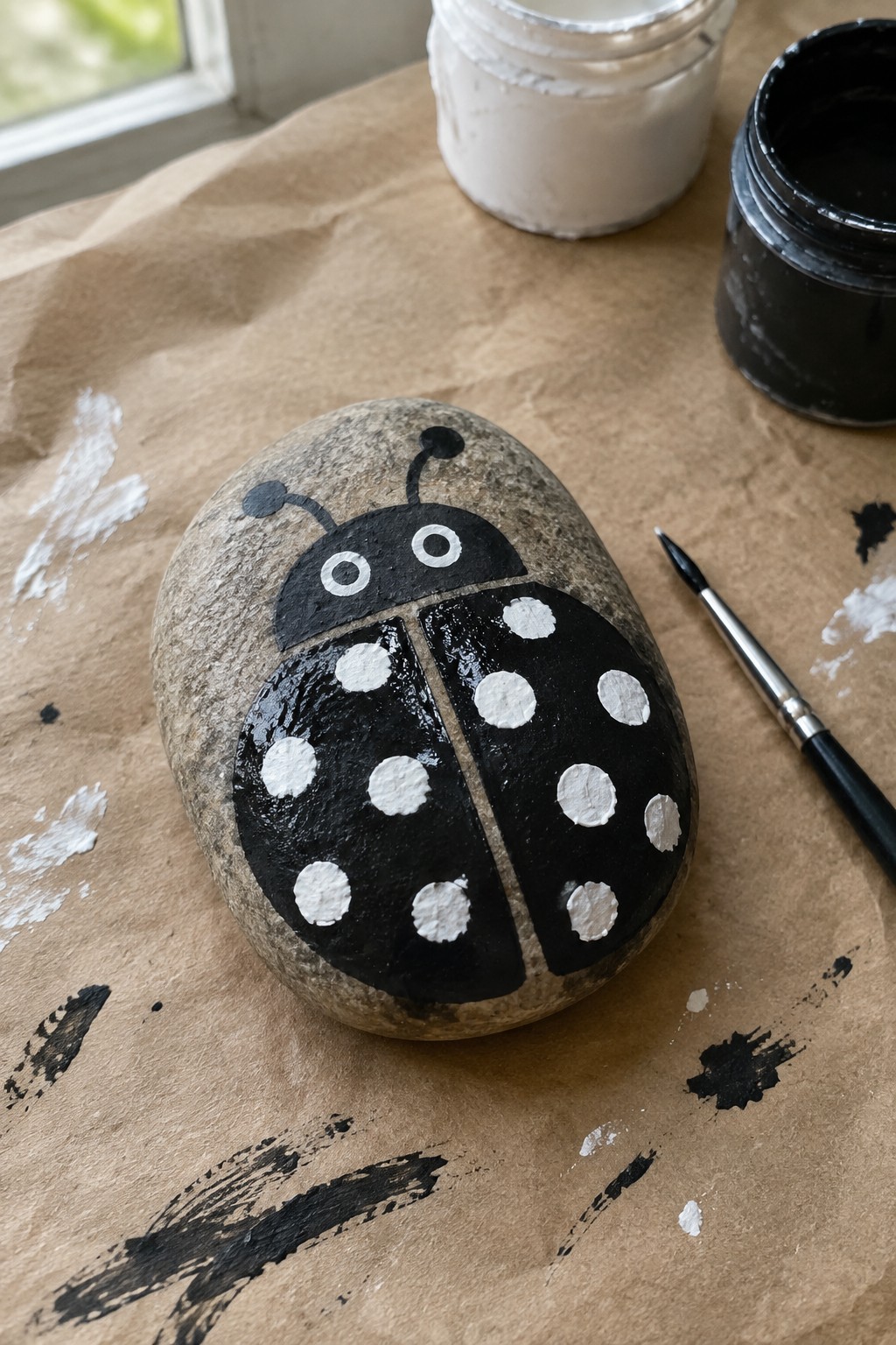 Ladybug rock with black body, white spots, eyes, and antennae near paint jars and brush