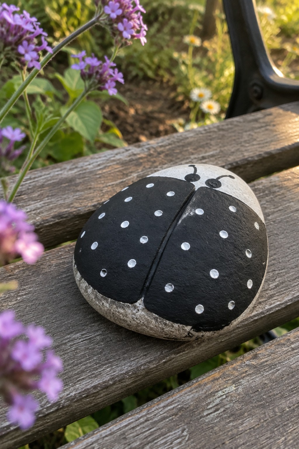 Painted black ladybug rock on wooden bench beside purple flowers
