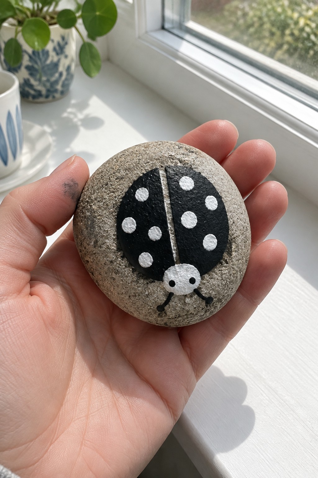 Hand holding gray stone painted as ladybug with black wings and white spots