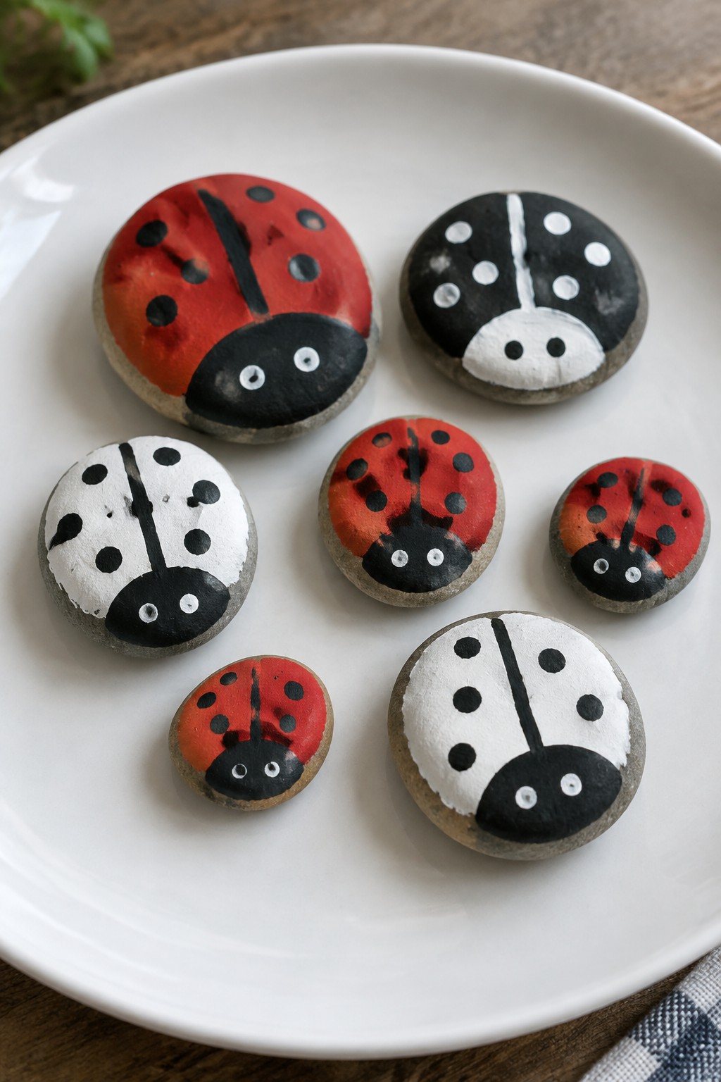 Seven hand-painted ladybug rocks in red, black, and white on a plate.