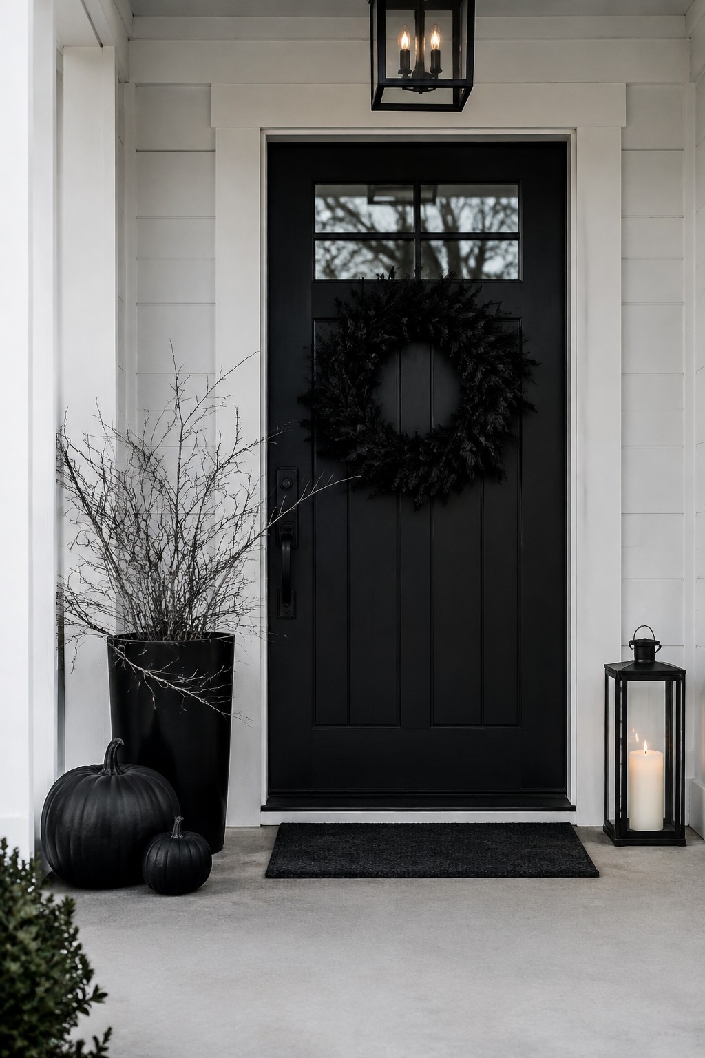 Black front door with a black wreath, black pumpkins in a tall vase, and a black lantern with a candle.