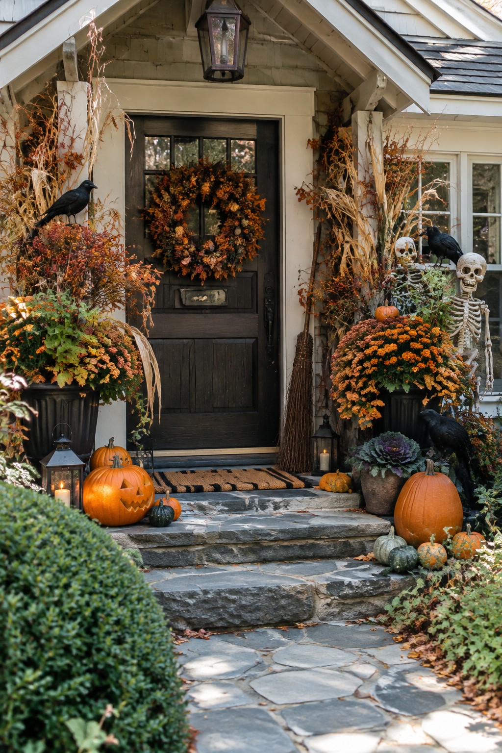 Dark front door with stone steps, a skeleton display on the right, carved pumpkins, black crows, and an autumn wreath.