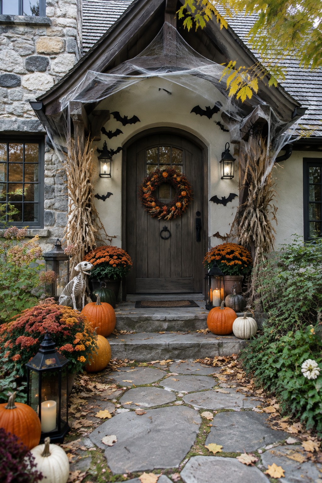 Front door of a stone house decorated with black bat cutouts scattered around the archway and spiderwebs draped over the top.